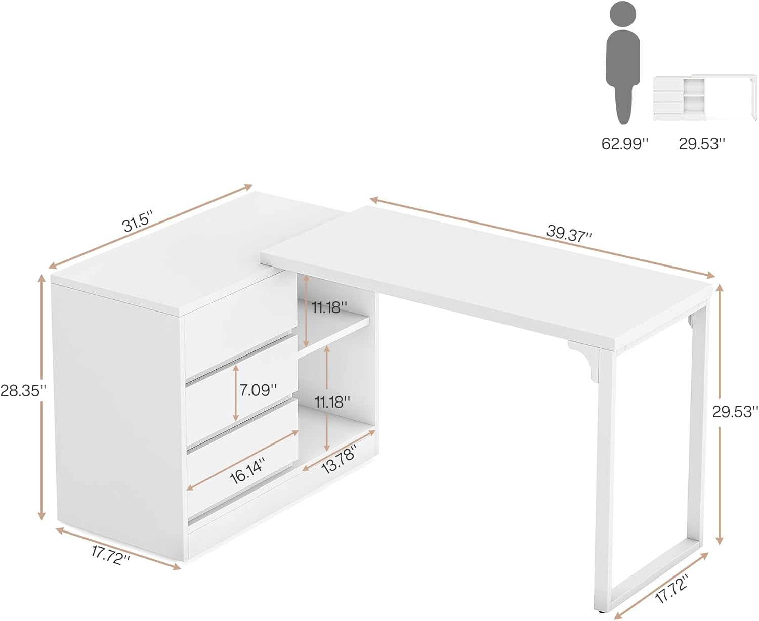 100 cm Kaptafel met 3 Laden en 2 Planken, Hoek Schminktafel met Opbergkast Zonder Spiegel