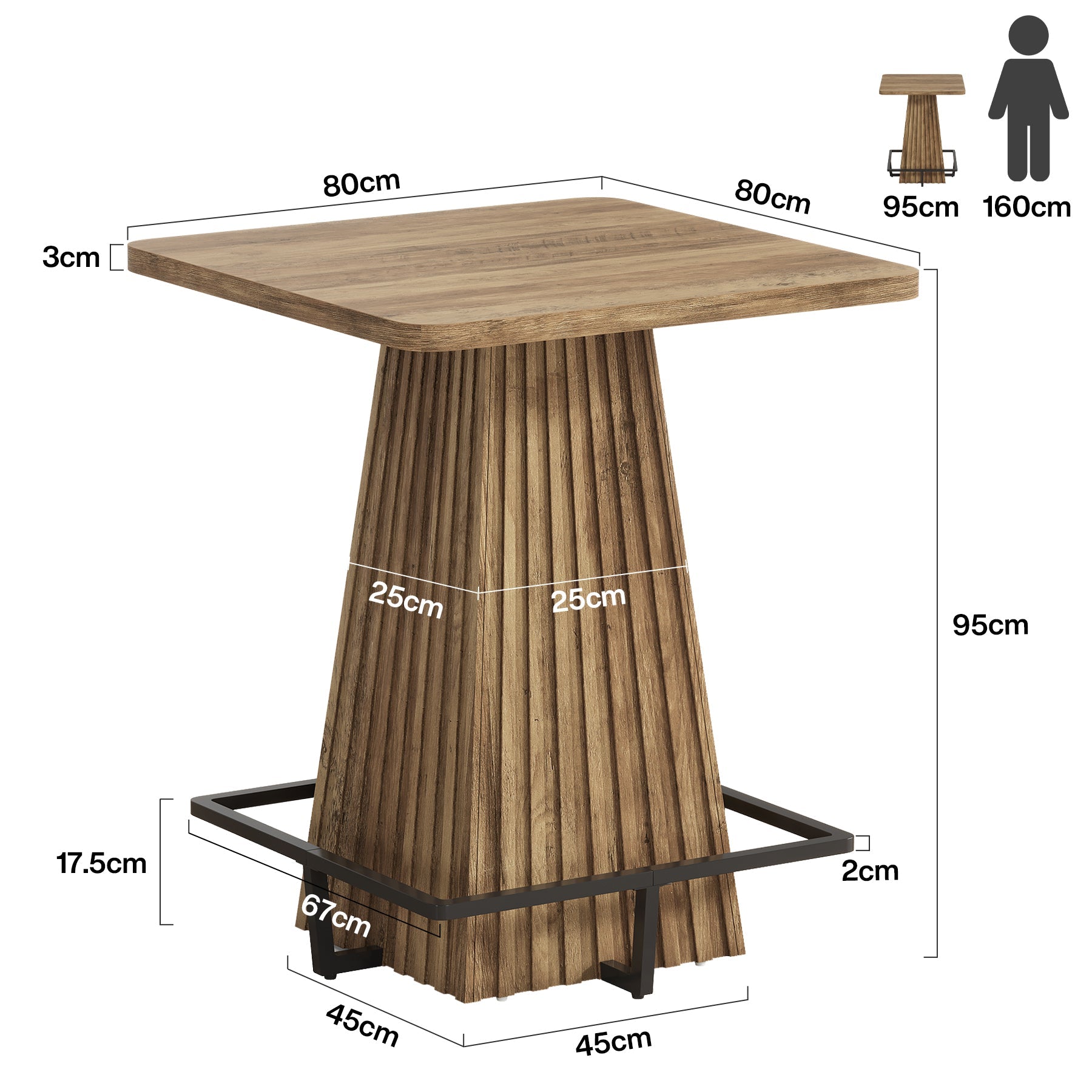 Tribesigns bartafel van 80 cm, vierkante hoge tafel met metalen voetensteun in landelijke stijl