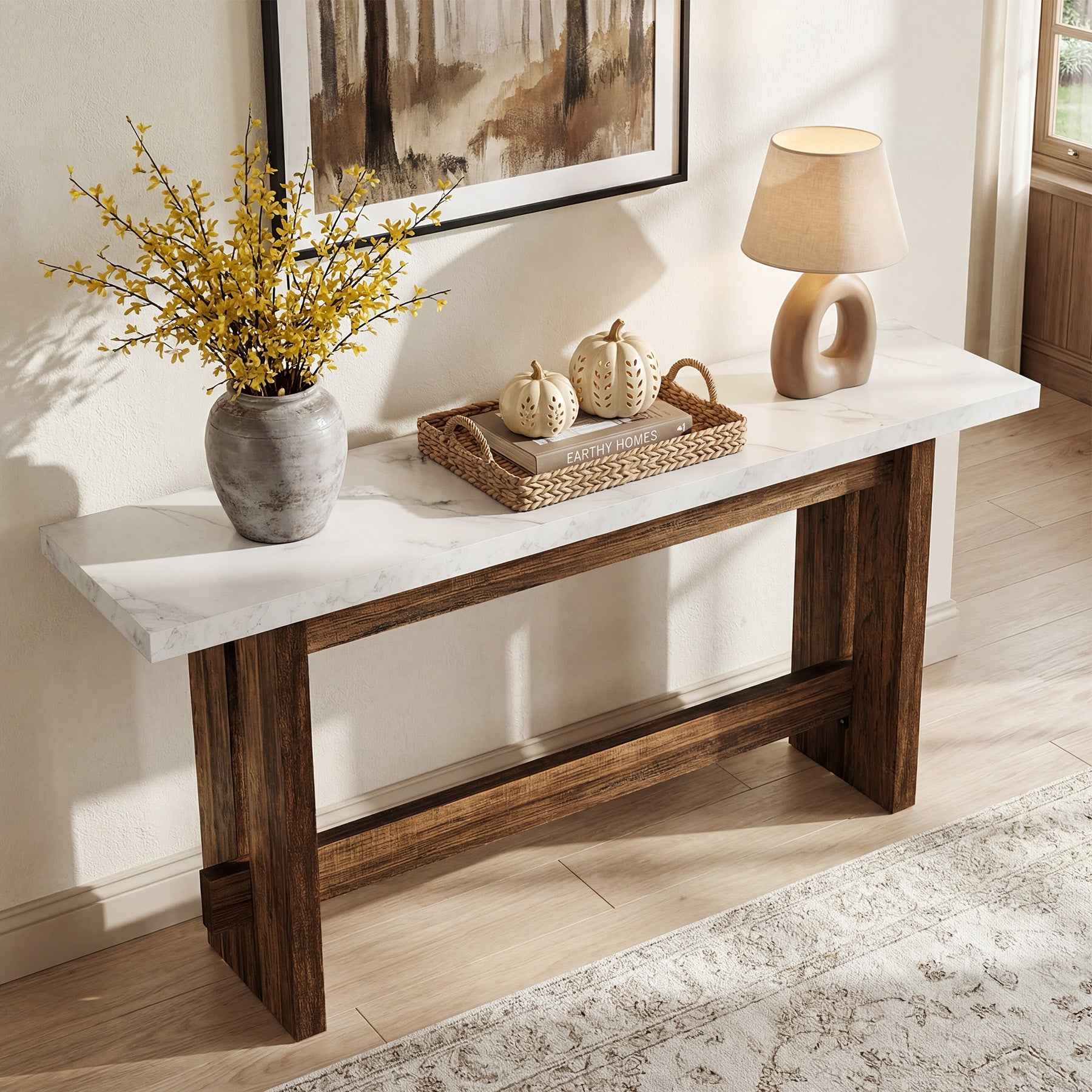 160 cm farmhouse consoletafel met marmerlook blad, smalle sidetable voor entree en woonkamer