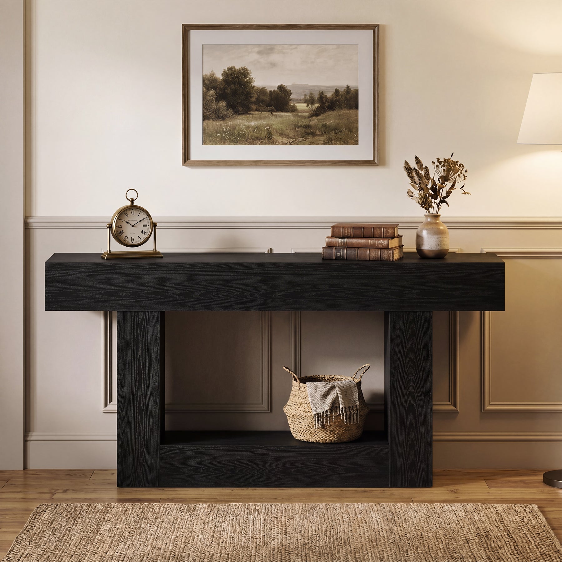 160 cm Boerenstijl Consoletafel, Tweelaagse Entreetafel met Opbergruimte in Rustiek Bruin