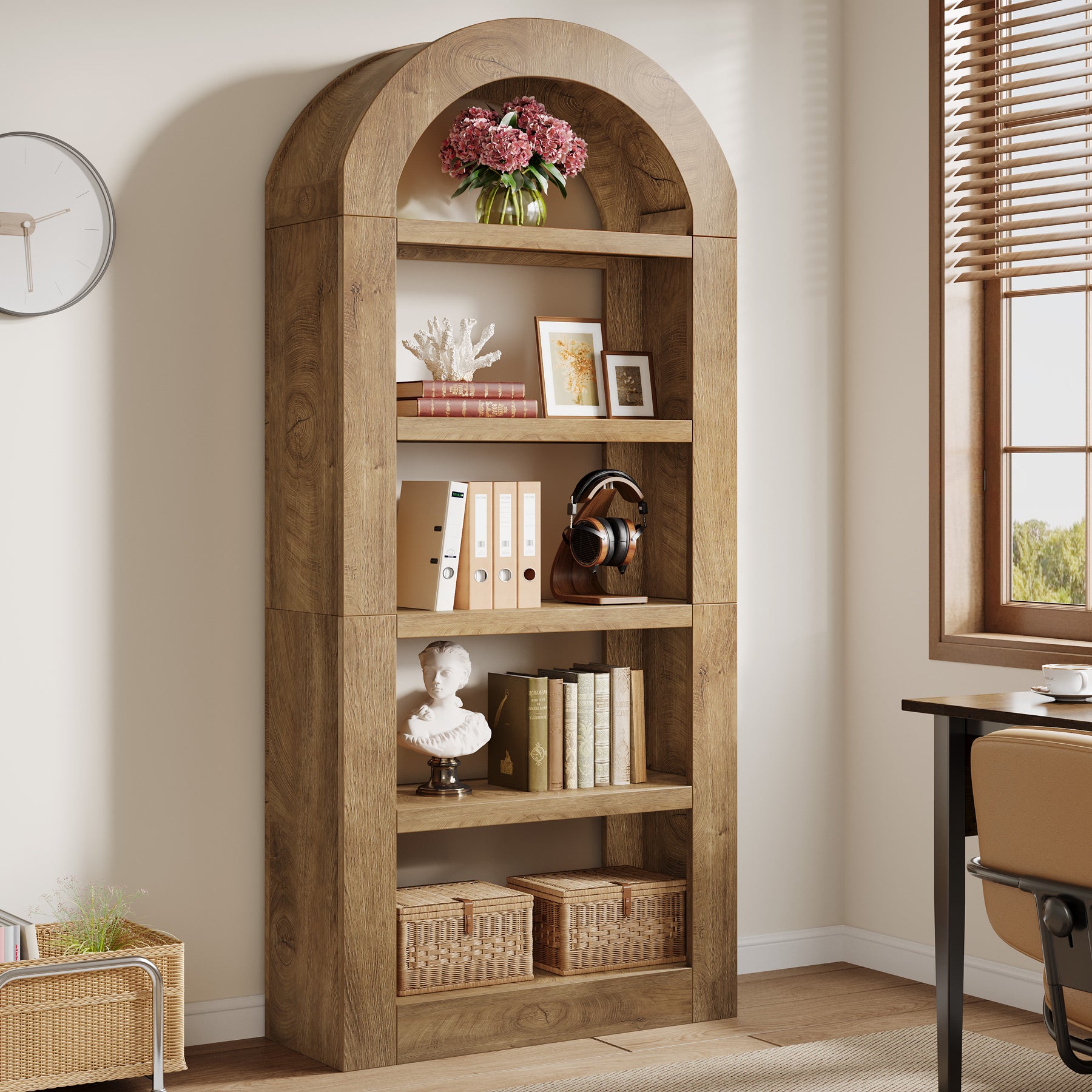 180 cm Boog Boekenkast met 5 Niveaus en Opbergruimte, Houten Open Kast voor Woonkamer en Kantoor