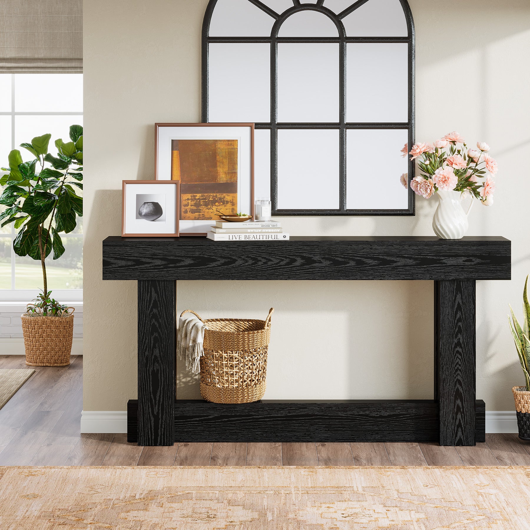 160 cm Lange Consoletafel met Opbergruimte, Tweelaags Bijzettafel in Warmbruin achter de Bank