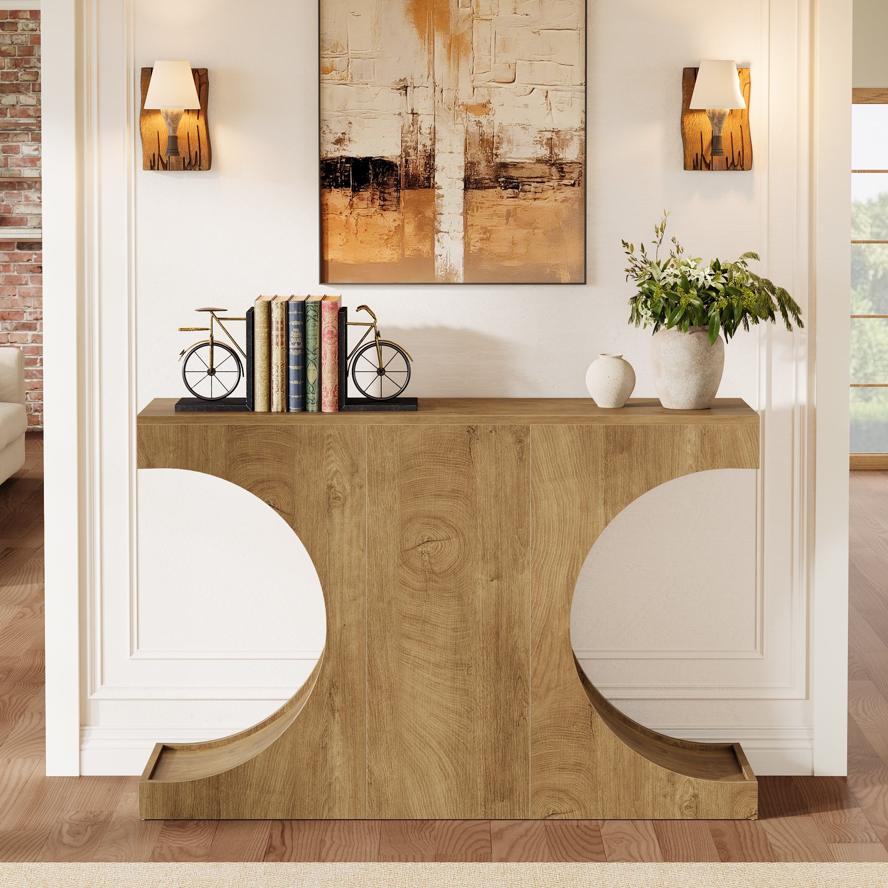 120 cm Landelijke Consoletafel met C-Vormige Poten, Smalle Haltafel van Hout Bruin voor Woonkamer