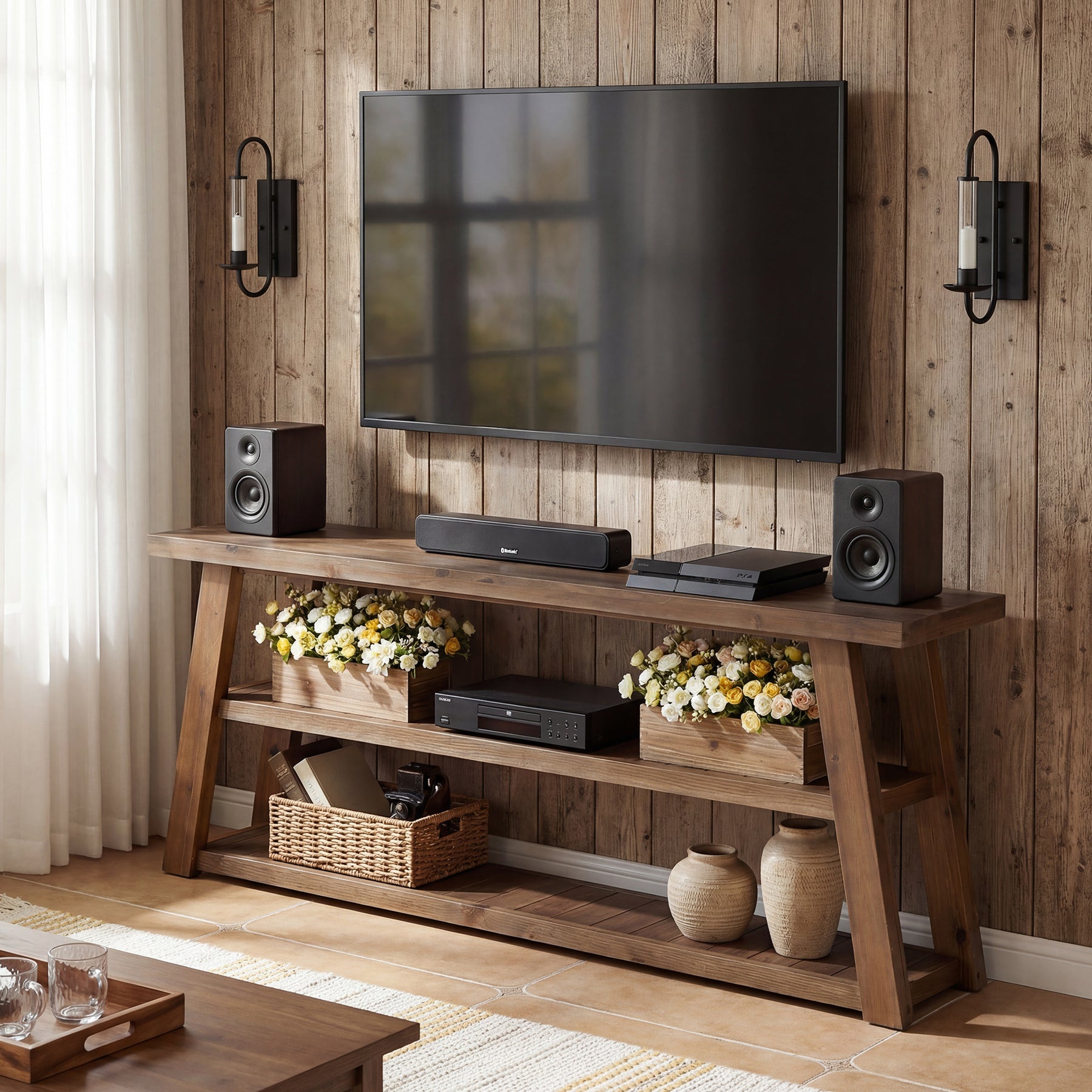 Tribesigns tv-lagekast van massief hout 160 cm, tv-meubel voor televisies tot 70 inch met 3 open planken