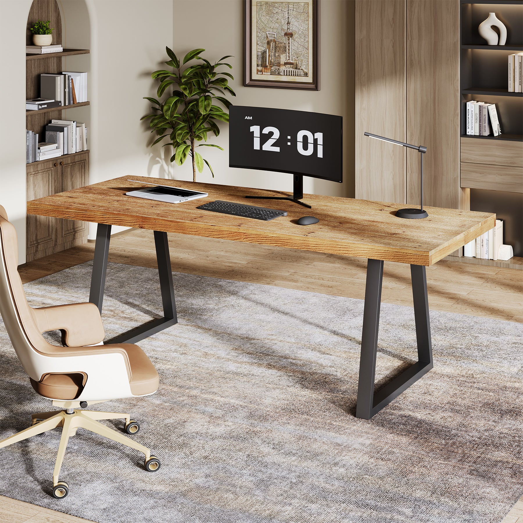 160 cm Industrieel Bureau, Massief Houten Blad met Robuuste Metalen Poten