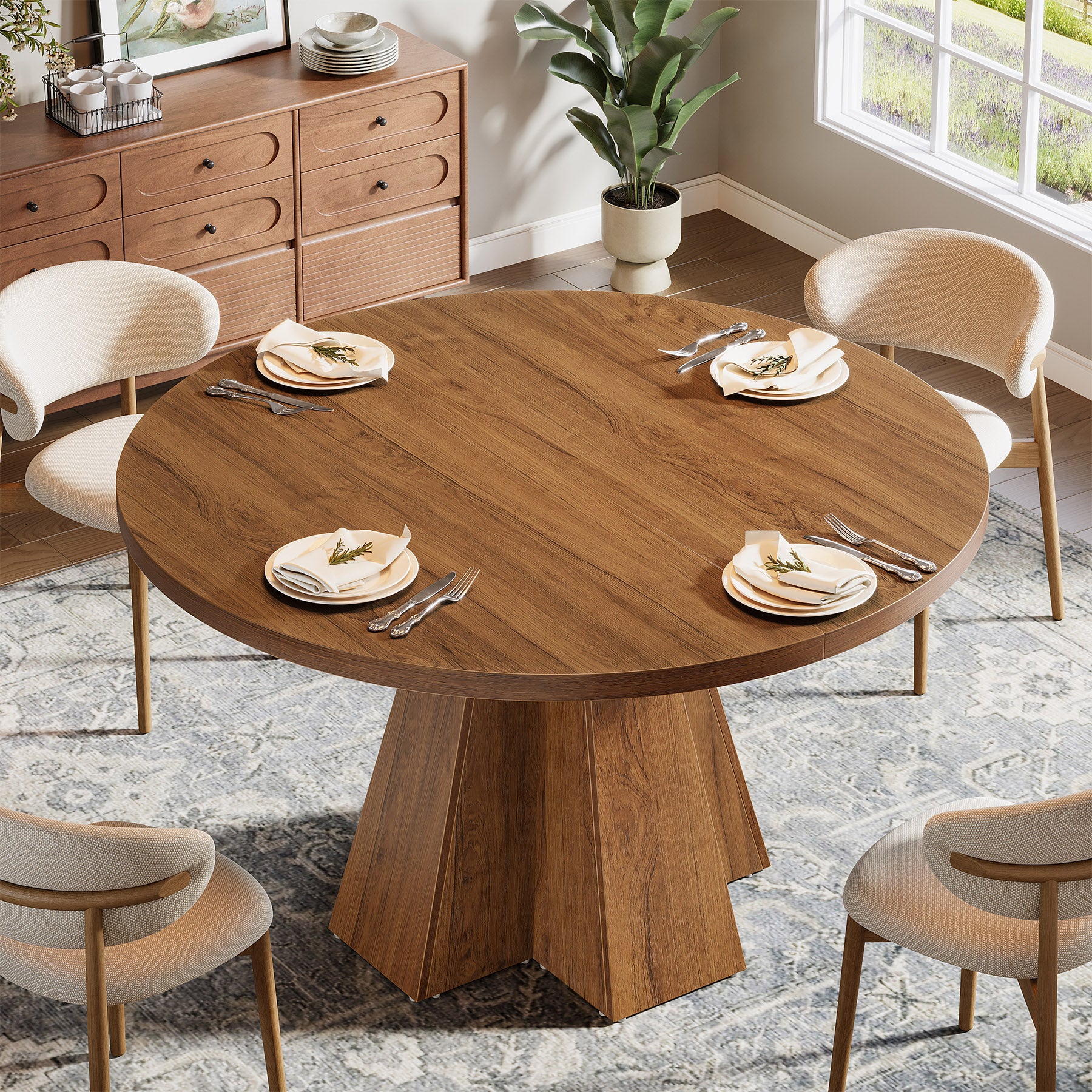 Tribesigns Ronde Eettafel 118 cm met Centrale Voet in Walnootbruin