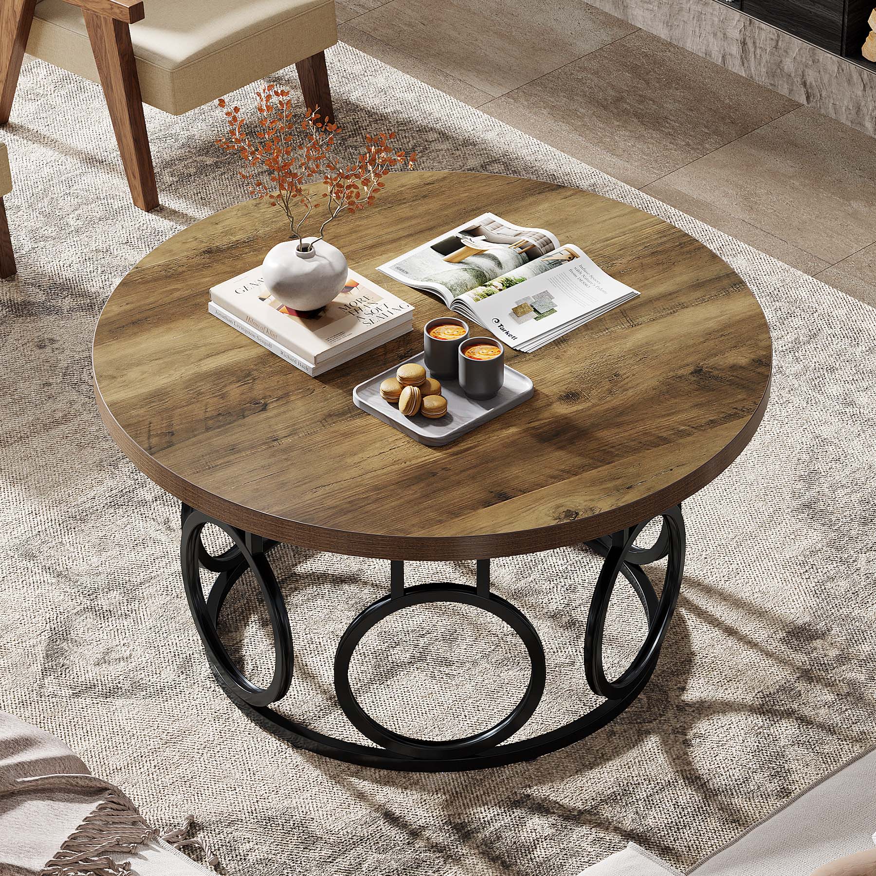Ronde Salontafel 80 × 80 × 45 cm in Rustiek Hout, Moderne Industriële Tafel met Metalen Onderstel