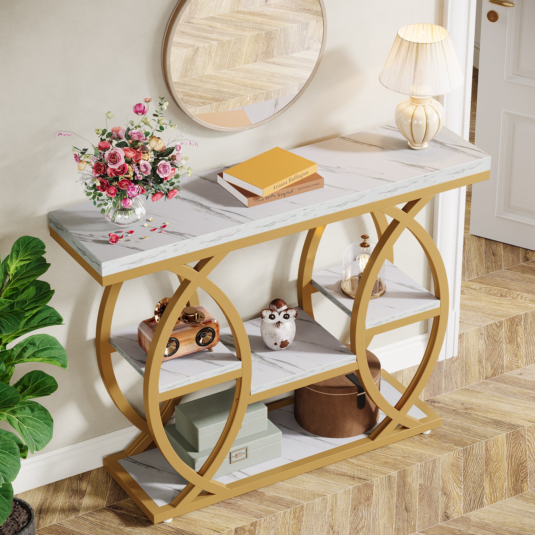 Industrieel Consoletafel 100 cm met 4 Opbergplanken, Smalle Houten Bijzettafel voor hal en Kleine Ruimtes