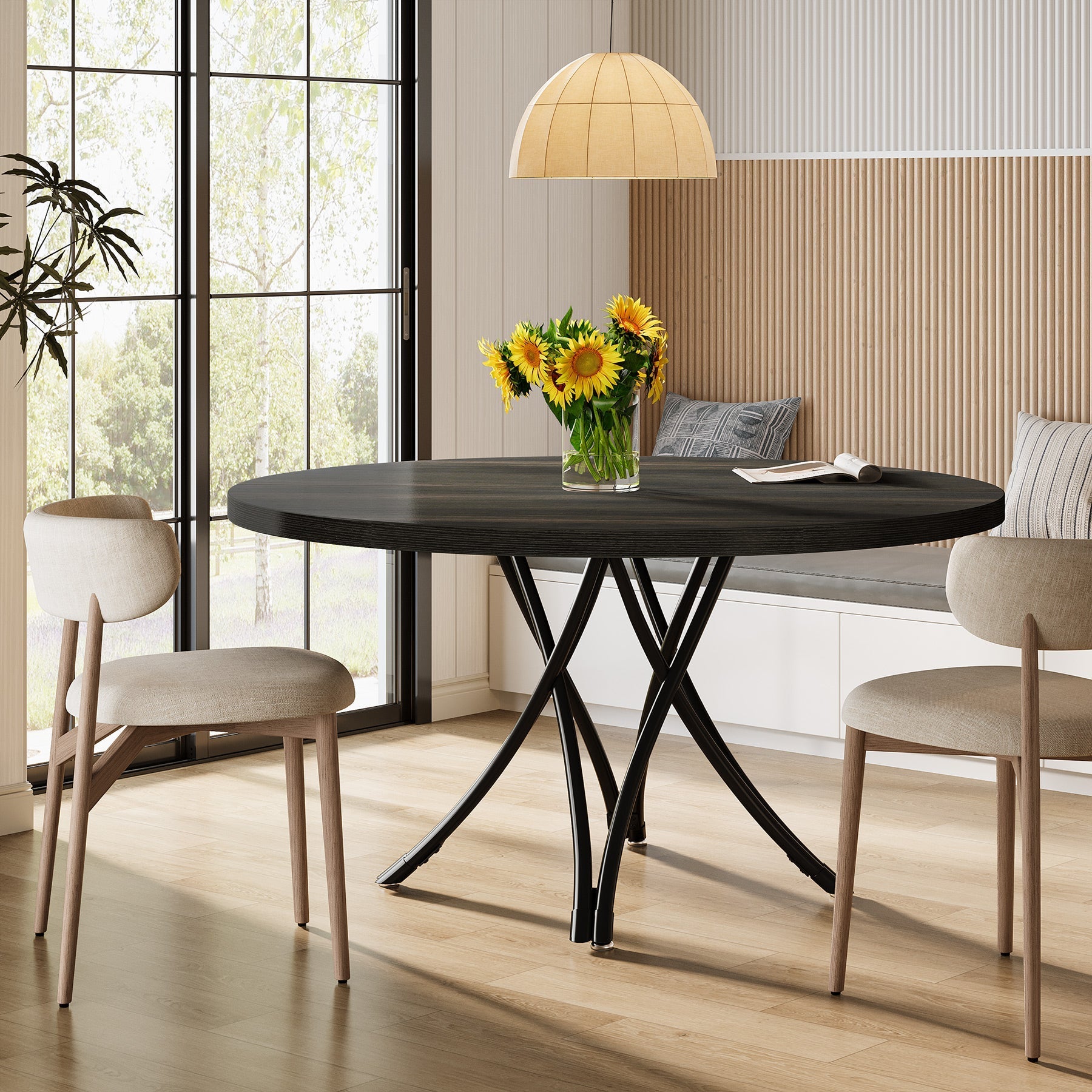 Ronde Eettafel voor 4-6 Personen, 120 cm met Kruisvormige Metalen Poten in Het Zwart