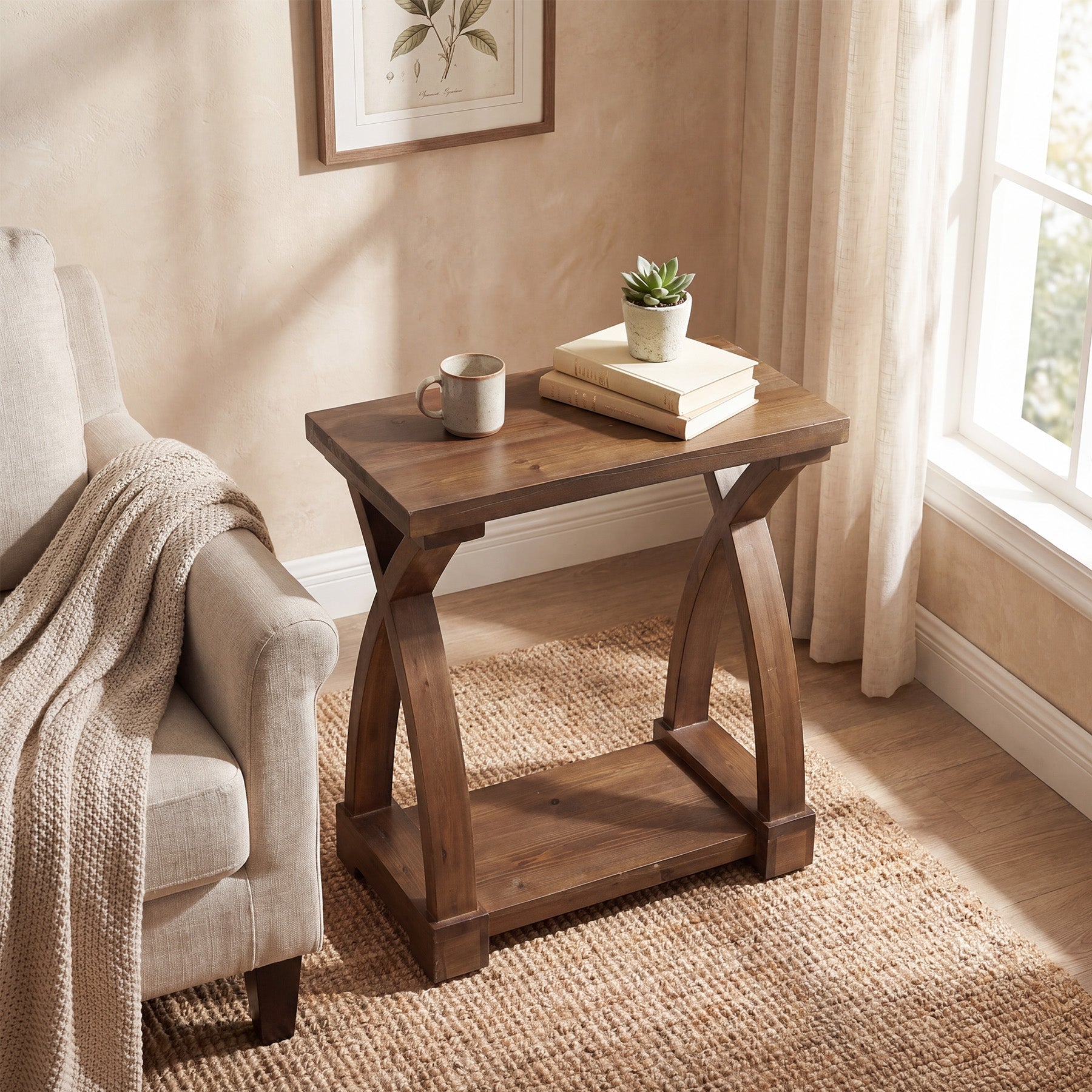 Tribesigns massief houten bijzettafel met 2 opbergplanken, smal houten nachtkastje voor woonkamer en slaapkamer