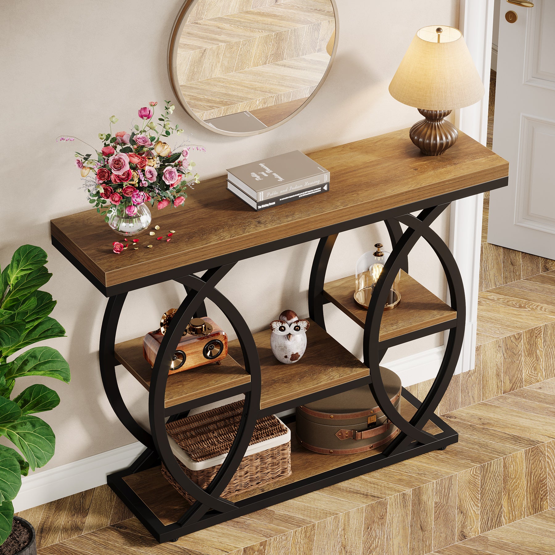 Industrieel Consoletafel 100 cm met 4 Opbergplanken, Smalle Houten Bijzettafel voor hal en Kleine Ruimtes