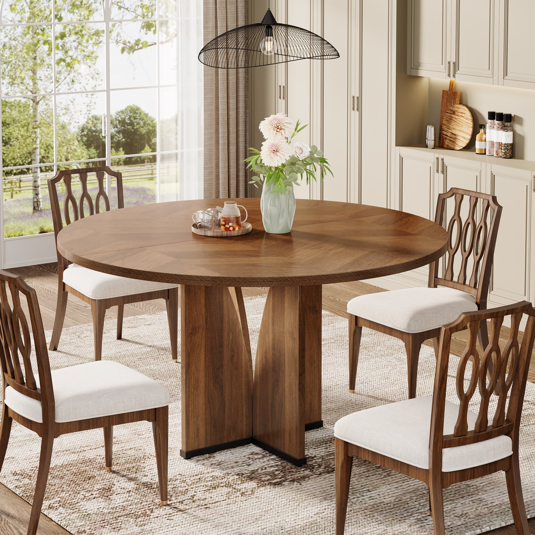 100 cm  Ronde Eettafel voor Vier Personen, Landelijke Keukentafel met X-Vormige Voet