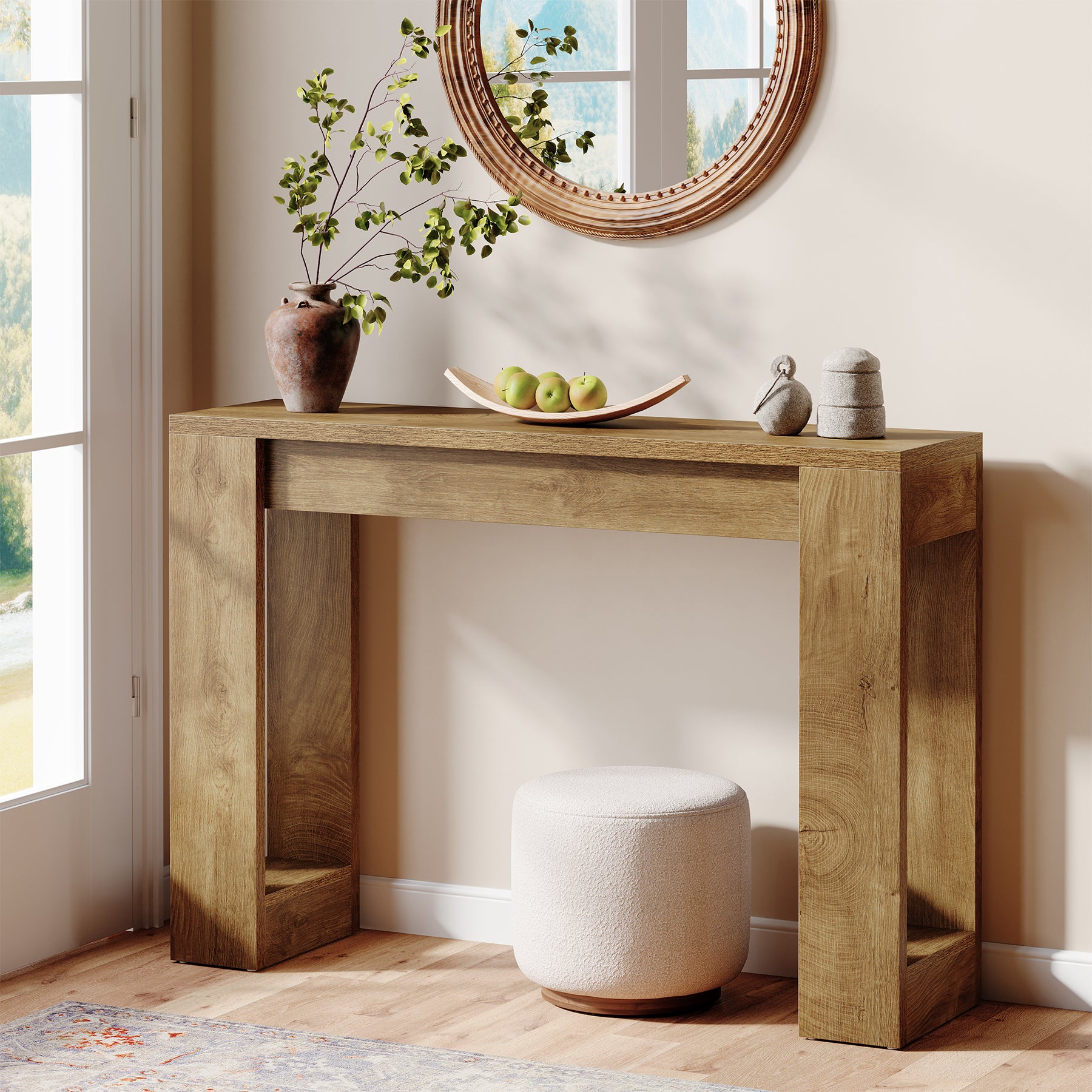 105 cm Houten Consoletafel met Dubbele Basis, Moderne Haltafel voor Entree en Woonkamer