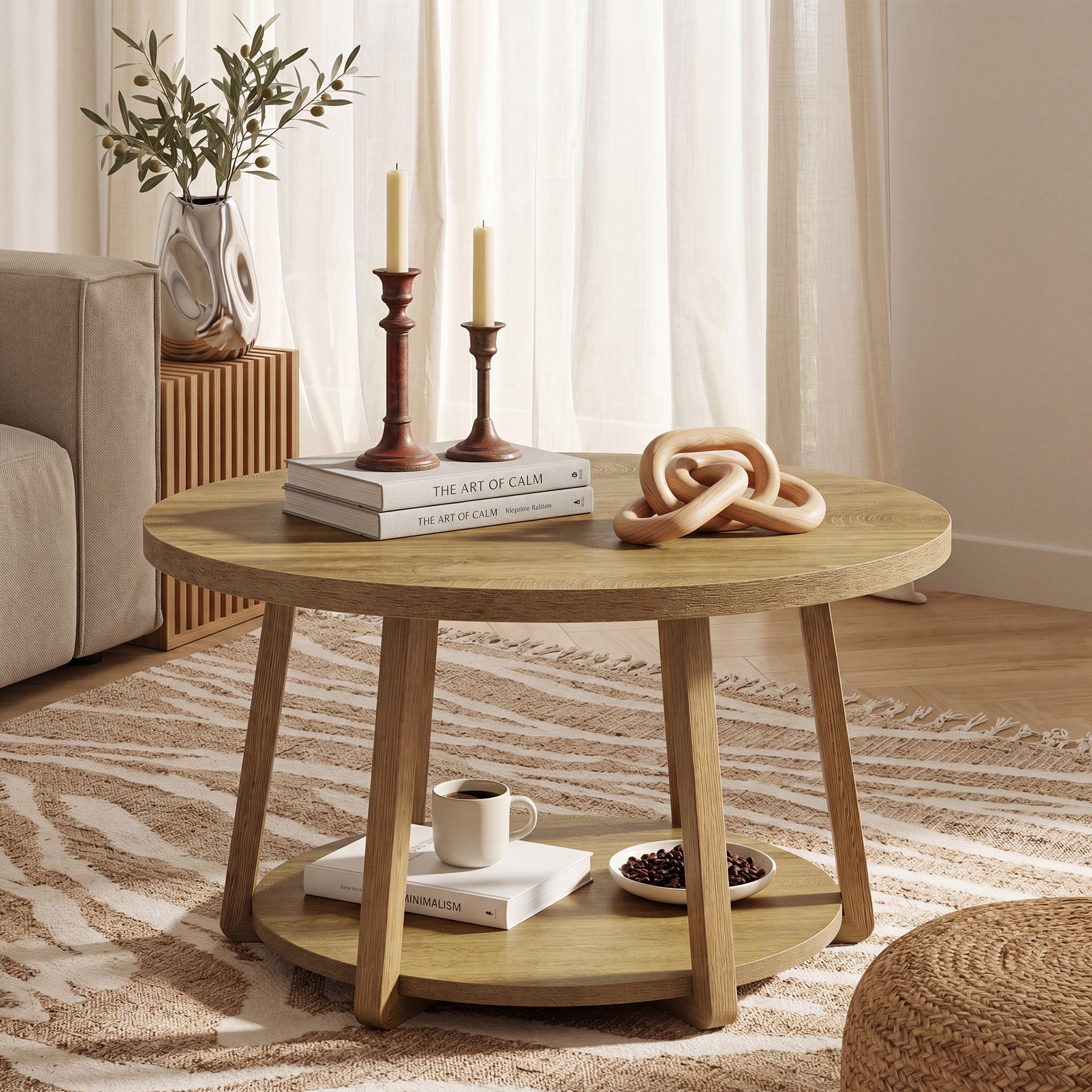 80 x 50 cm Tribesigns Ronde Salontafel, 2-Laagse Houten Bijzettafel met Opbergrek en Houten Poten voor Woonkamer