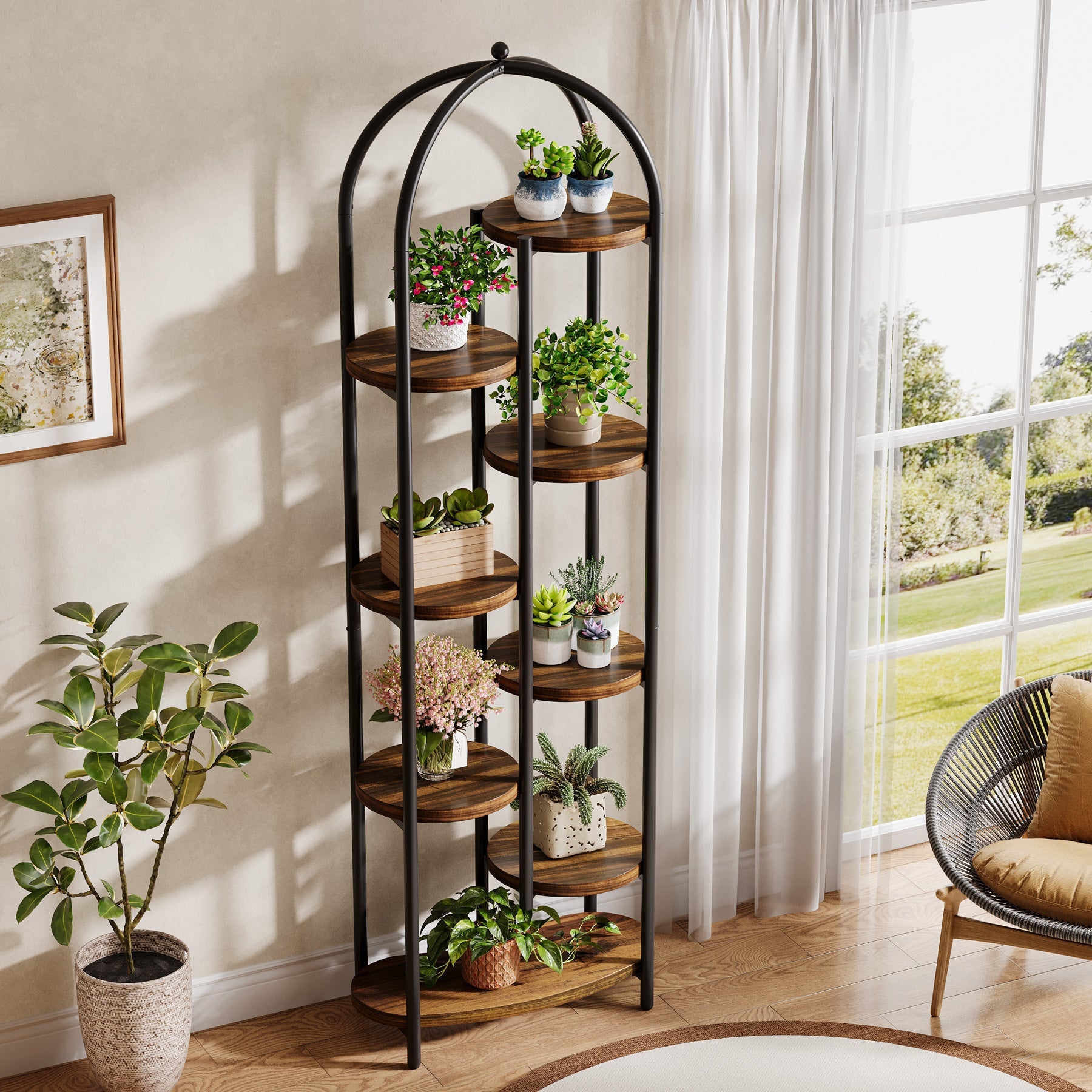 Plantenstandaard 182 cm met 8 legplanken – hoekrek met metalen frame, geschikt voor 10 planten
