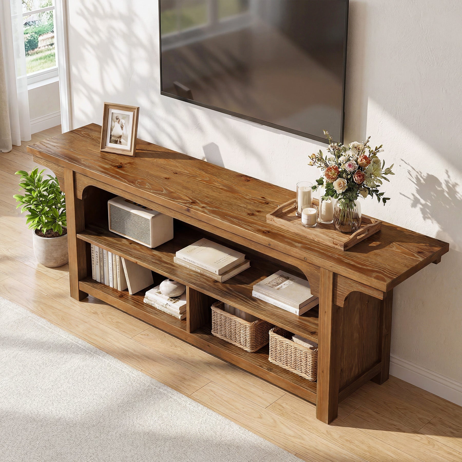 Tribesigns 160 cm TV-Meubel van Massief Hout voor TV's van 55–70 Inch, TV-Kast met 3 Open Vakken