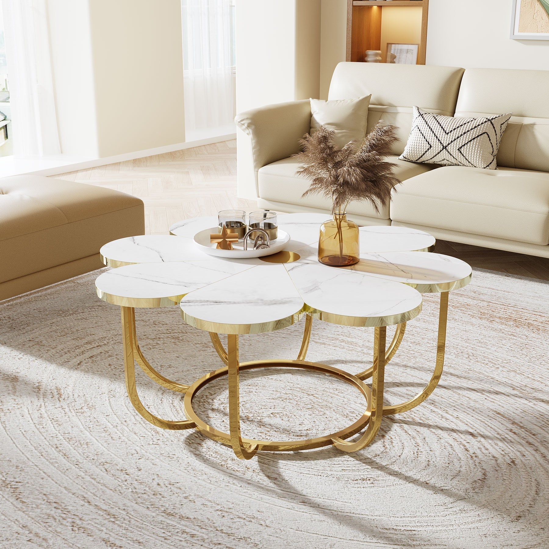 100 cm Witte Salontafel, Met Gouden Bloemenpoot en Imitatiemarmeren Blad