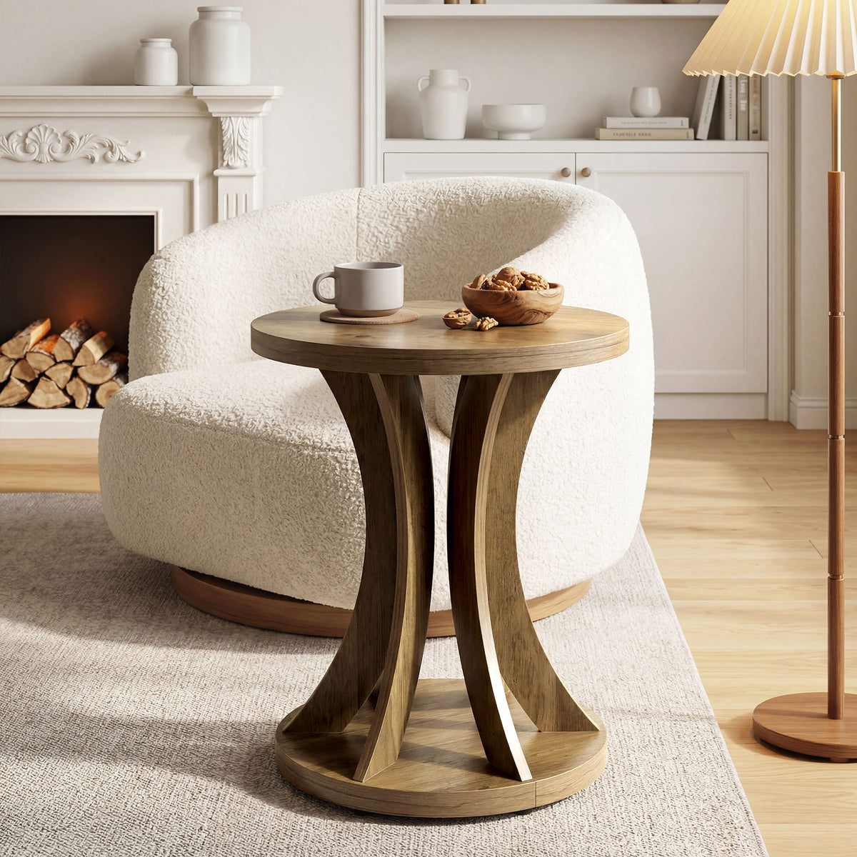 45 x 60 cm ronde bijzettafel met gebogen frame en onderste opbergplank, landelijke sidetable voor woonkamer en slaapkamer