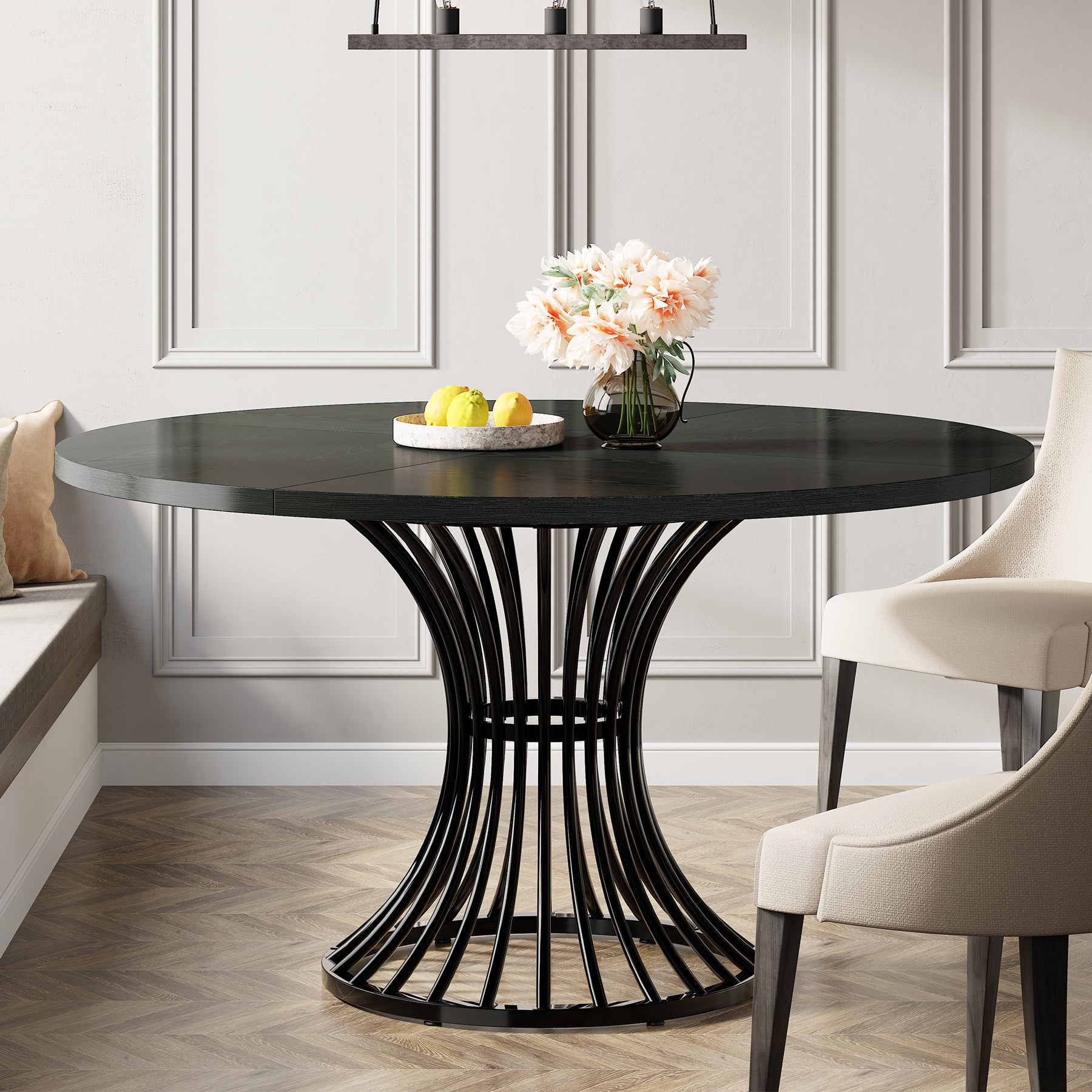 119 cm Ronde Industriële Eettafel, Voor 4-6 Personen met Metalen Frame in Zwart en Bruin