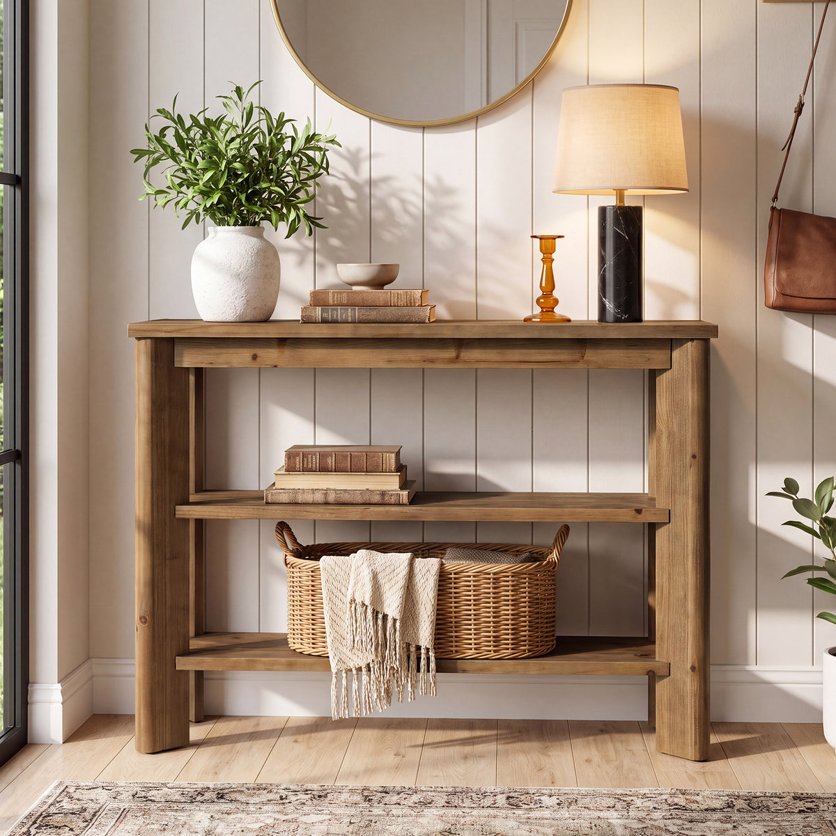 105 x 30 cm Tribesigns consoletafel van massief hout met 3 niveaus, smalle sidetable voor hal en woonkamer