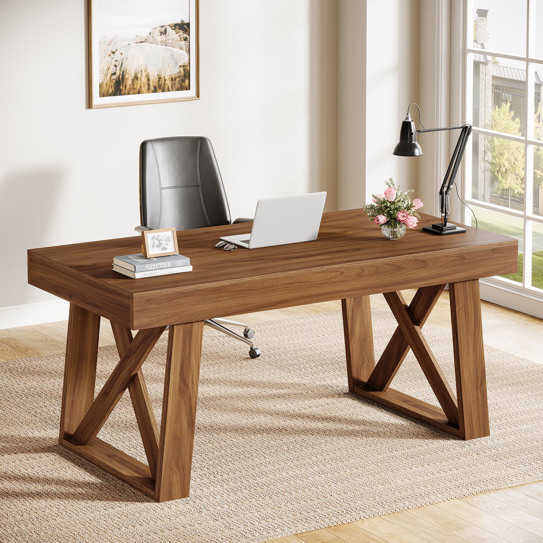 140 cm Bredere Bureau, Retro Houten Bureau met Laden voor Thuiswerk en Kantoor