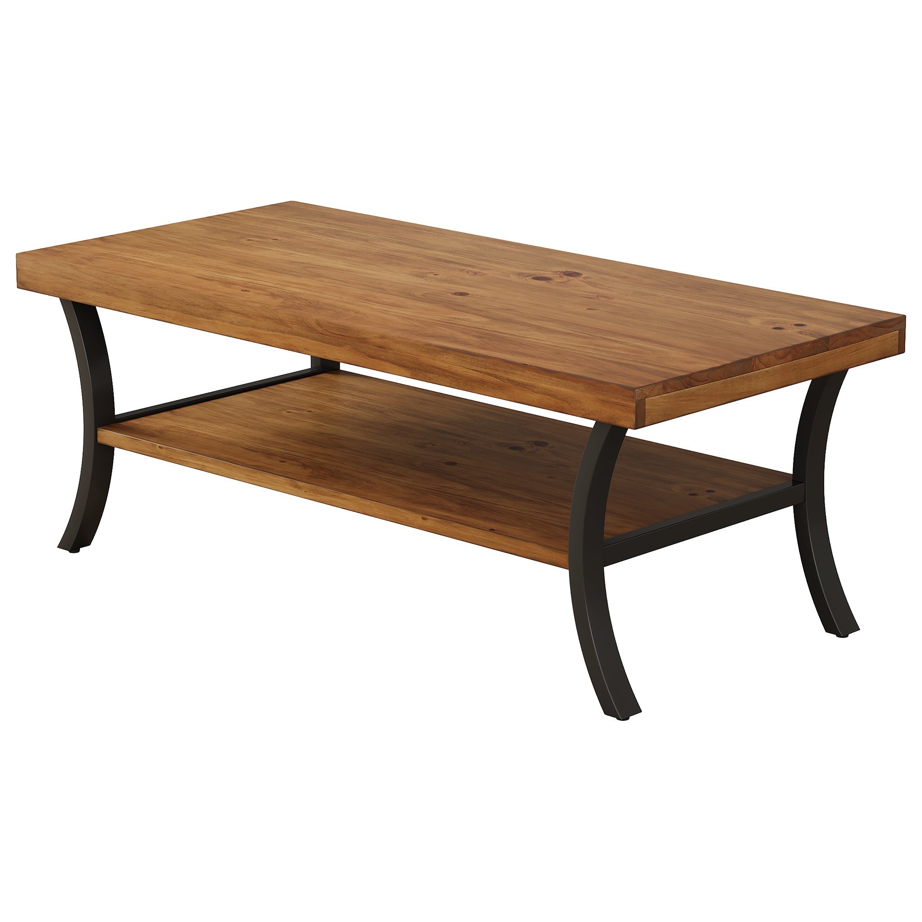 Tribesigns Massief Houten Salontafel 120 cm met Plank, 2-Laagse Woonkamertafel met Gebogen Metalen Poten