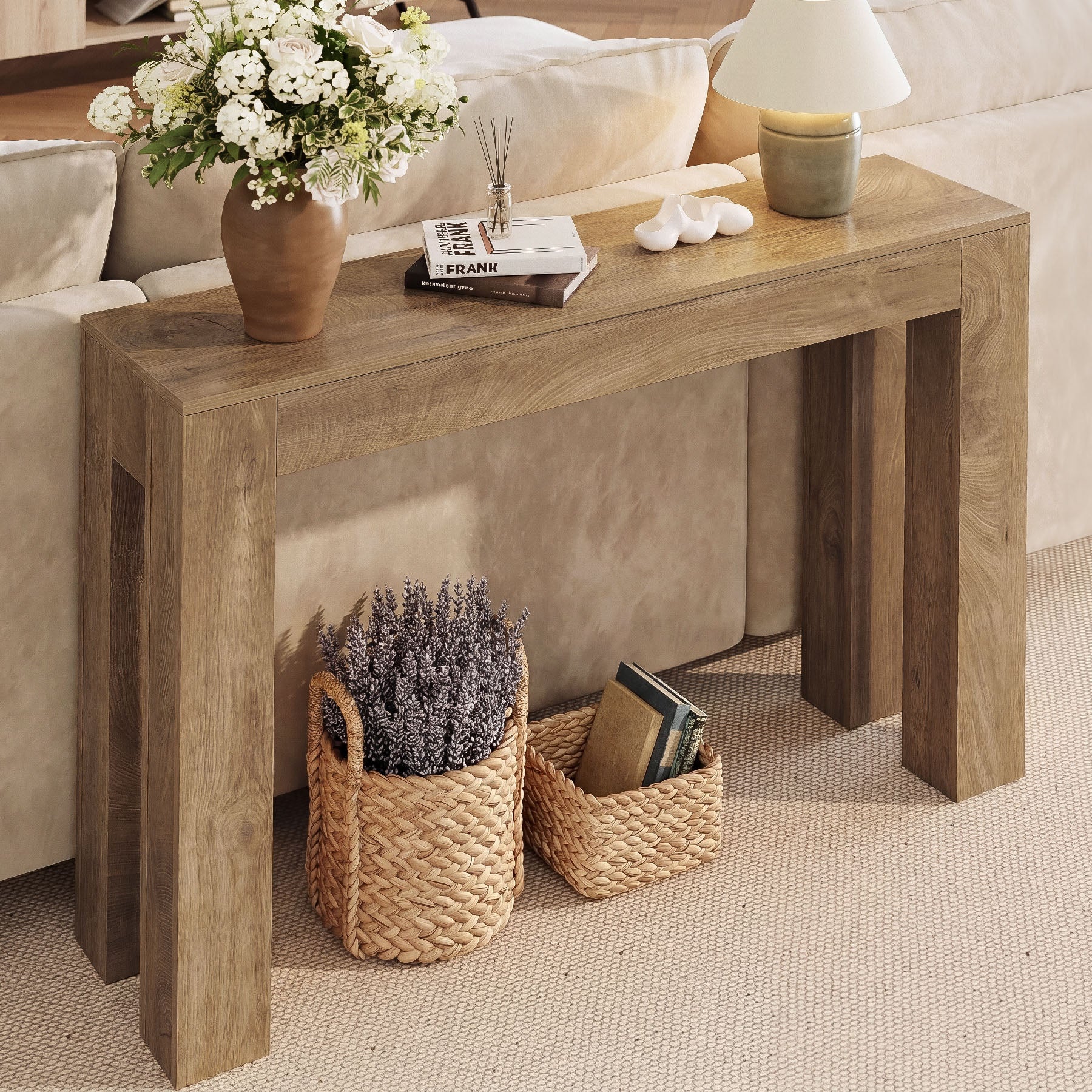 Tribesigns 105 cm consoletafel, lichtbruine sidetable met blokpoten