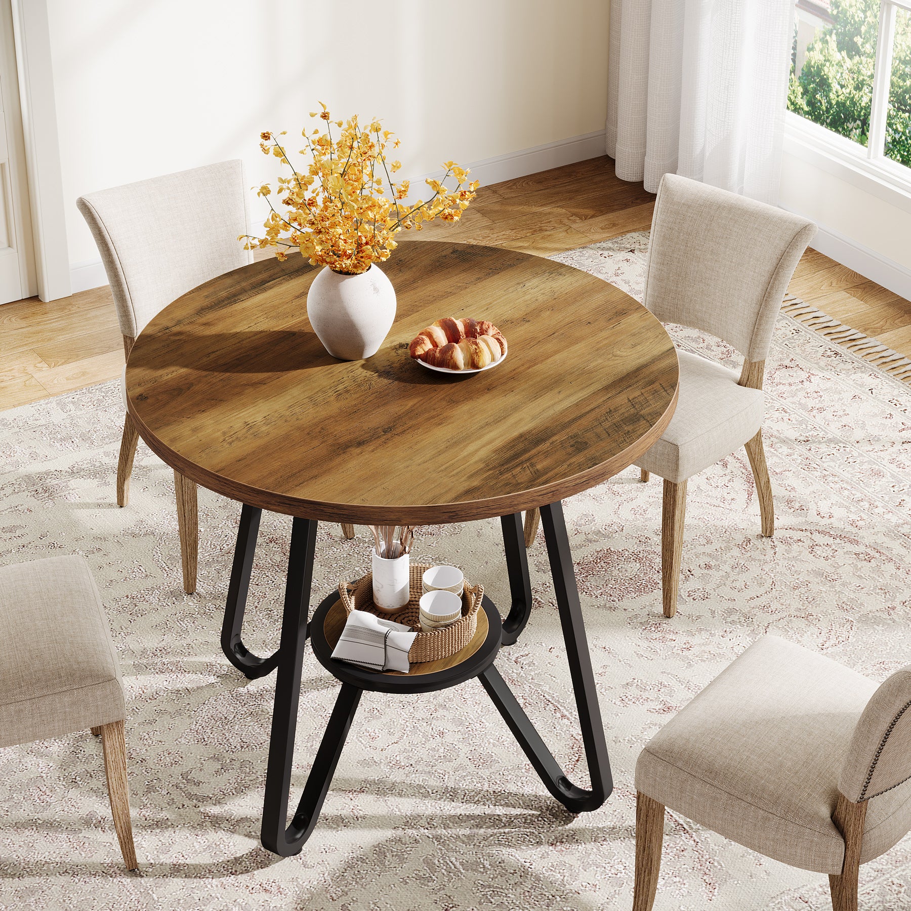 80 cm Ronde Eettafel met Dubbele Legplanken, Industriële Keukentafel voor 2 Personen