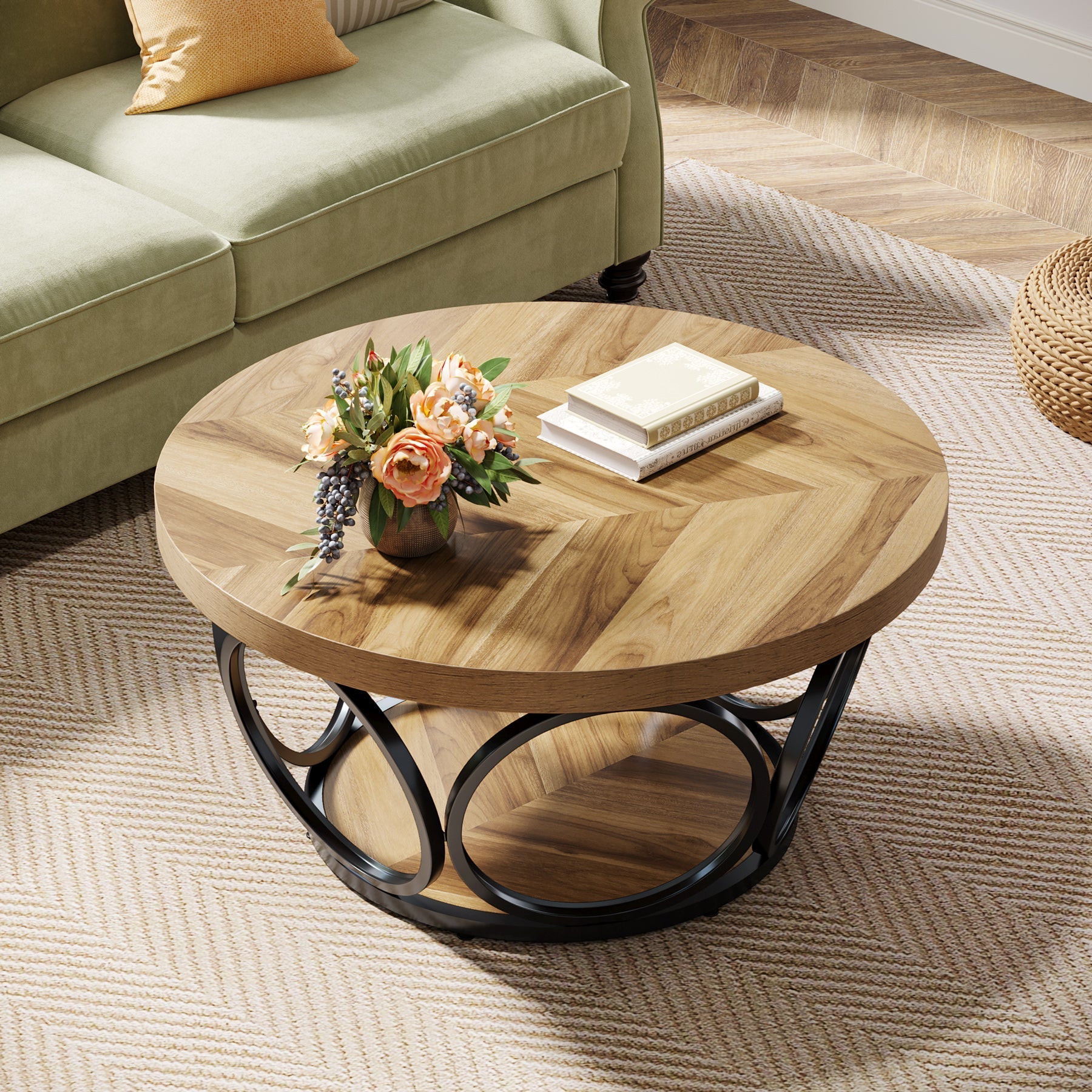 80 cm Ronde Salontafel, Landelijke Tafels met Dubbele Opbergplanken in Houtstructuur