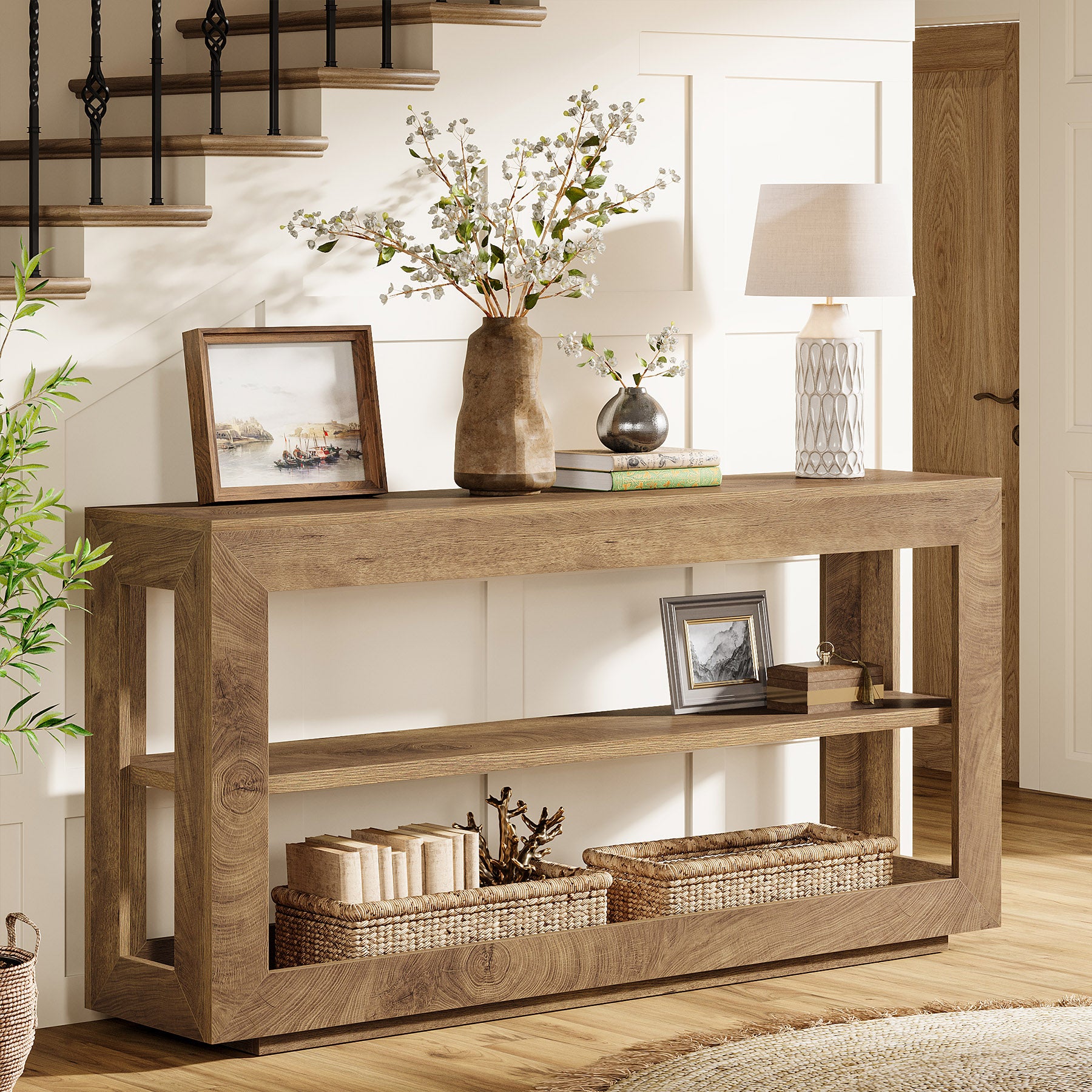 160 cm Consoletafel met 3 Lagen Opslag, Landelijke Haltafel voor Woonkamer Gang Bruin