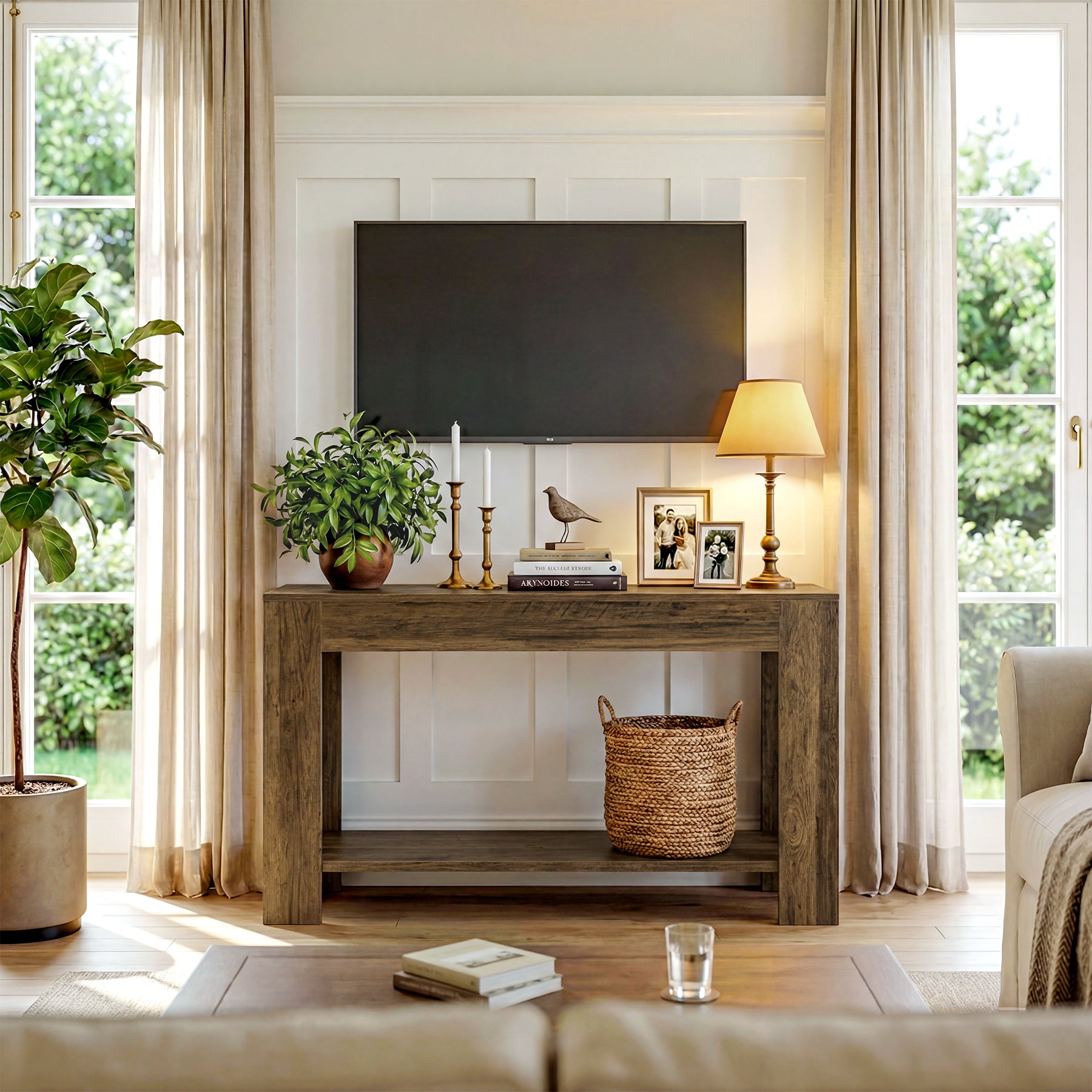 105 cm Landelijke Consoletafel met Opbergruimte, Smalle 2-Laags Sofatafel voor Hal en Gang