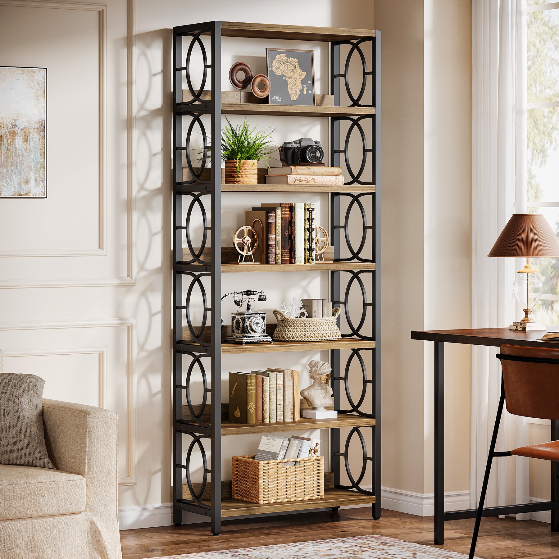 180 cm Boekenkast met 6 Niveaus, Industrieel Vrijstaand Displayrek met Metalen Frame