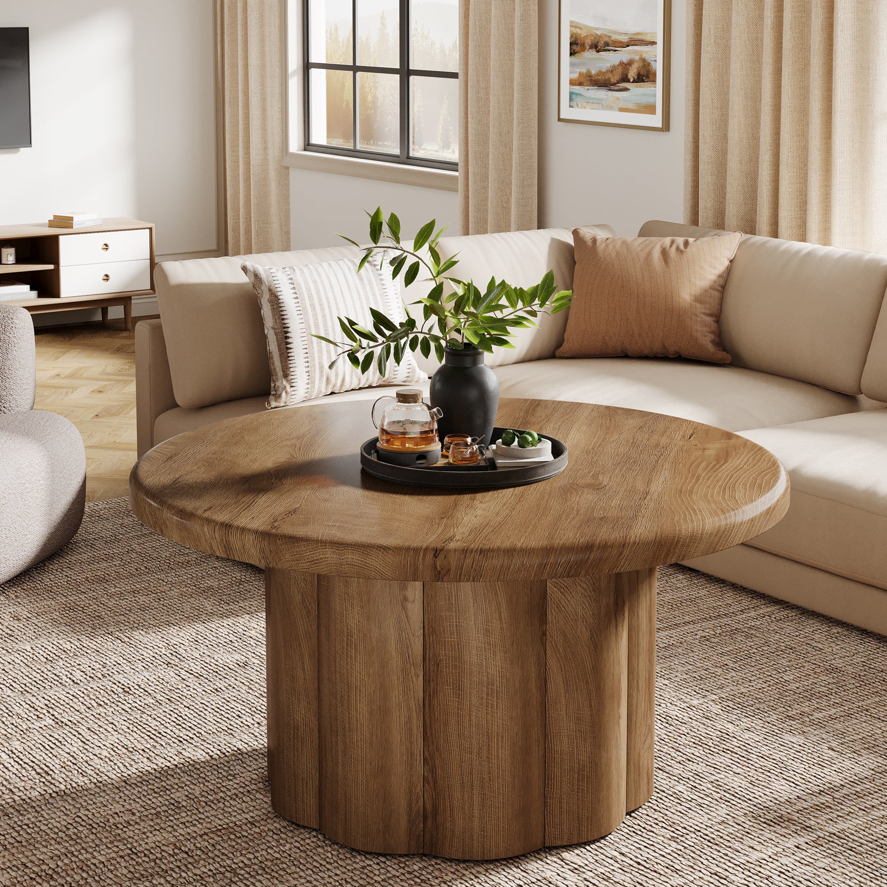 80 cm Ronde Landelijke Salontafel, Gegroefde Trommelvoet voor Woonkamer en Appartement