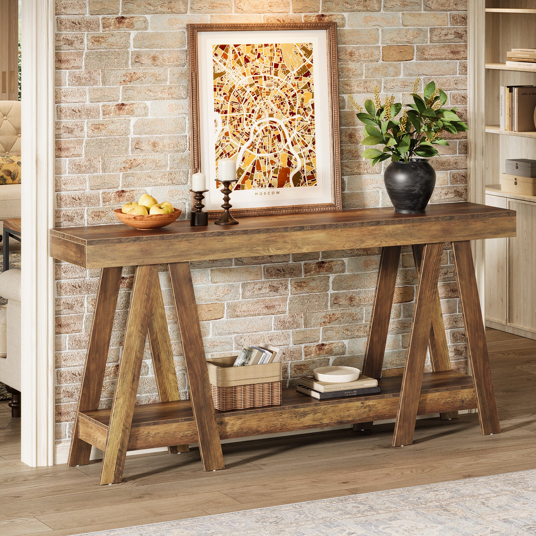 180 cm Landelijke Consoletafel met 2 Lagen, Accenttafel voor Hal en Achter Bank