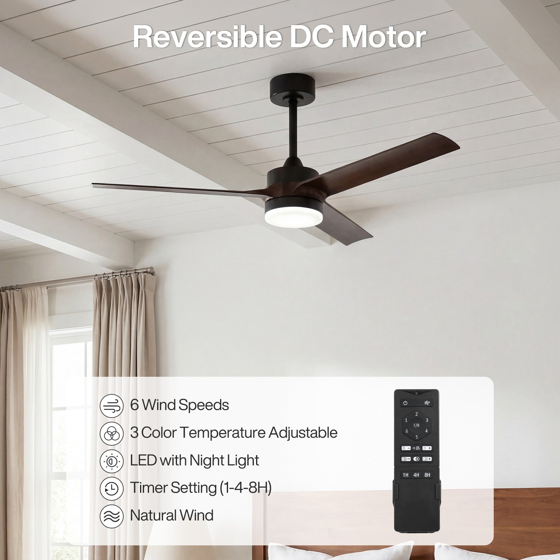 130 cm Tribesigns plafondventilator met licht en afstandsbediening, 3-bladige ventilatorlamp met stille DC-motor voor woonkamer slaapkamer en keuken [Energieklasse E]