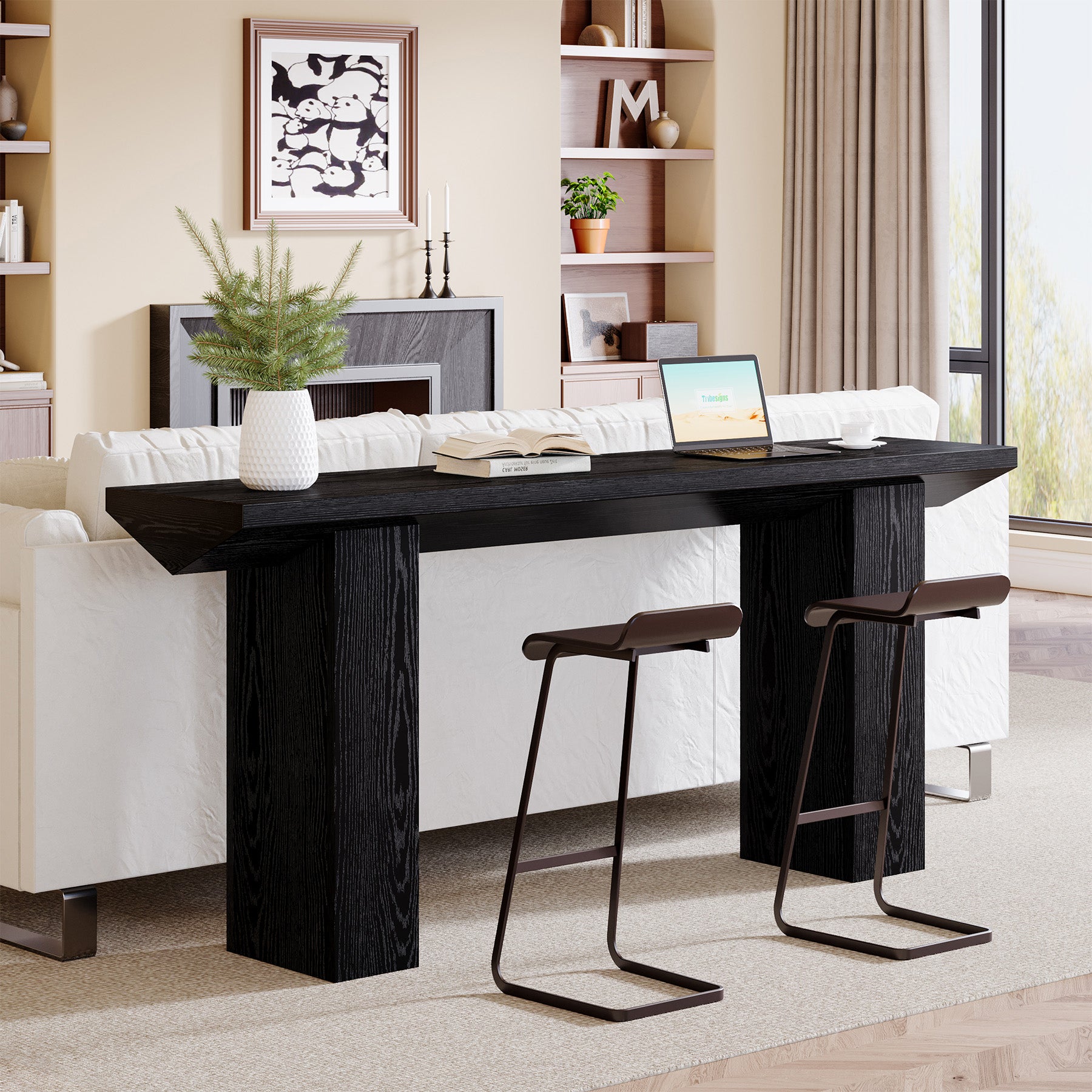 160 cm Smalle Salontafel voor Achter de Bank, Zwart Houten Haltafel voor Woonkamer en Entree