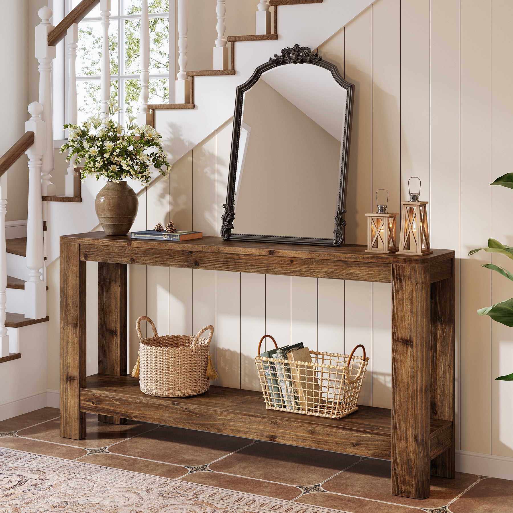 160 cm Massief Houten Consoletafel, Smalle Farmhouse Sidetable met Rek