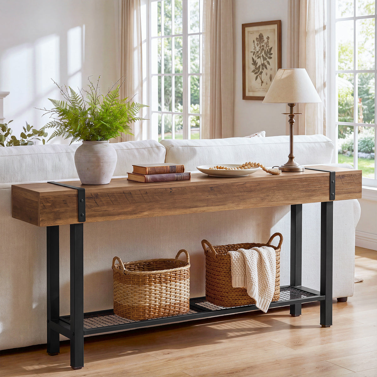 160 cm Tribesigns industriële consoletafel met 2 niveaus, smalle banktafel voor hal en achter de bank