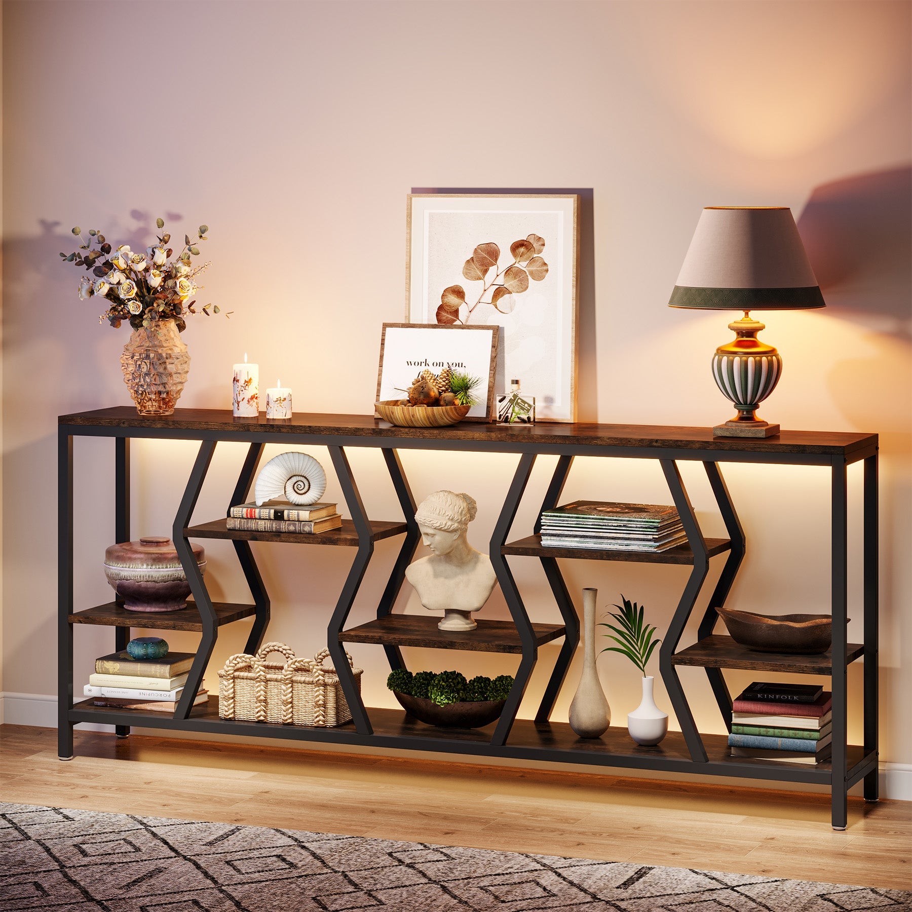 Tribesigns Consoletafel 180 cm met 4 Legplanken – Smalle Banktafel in Industriële Landhuisstijl