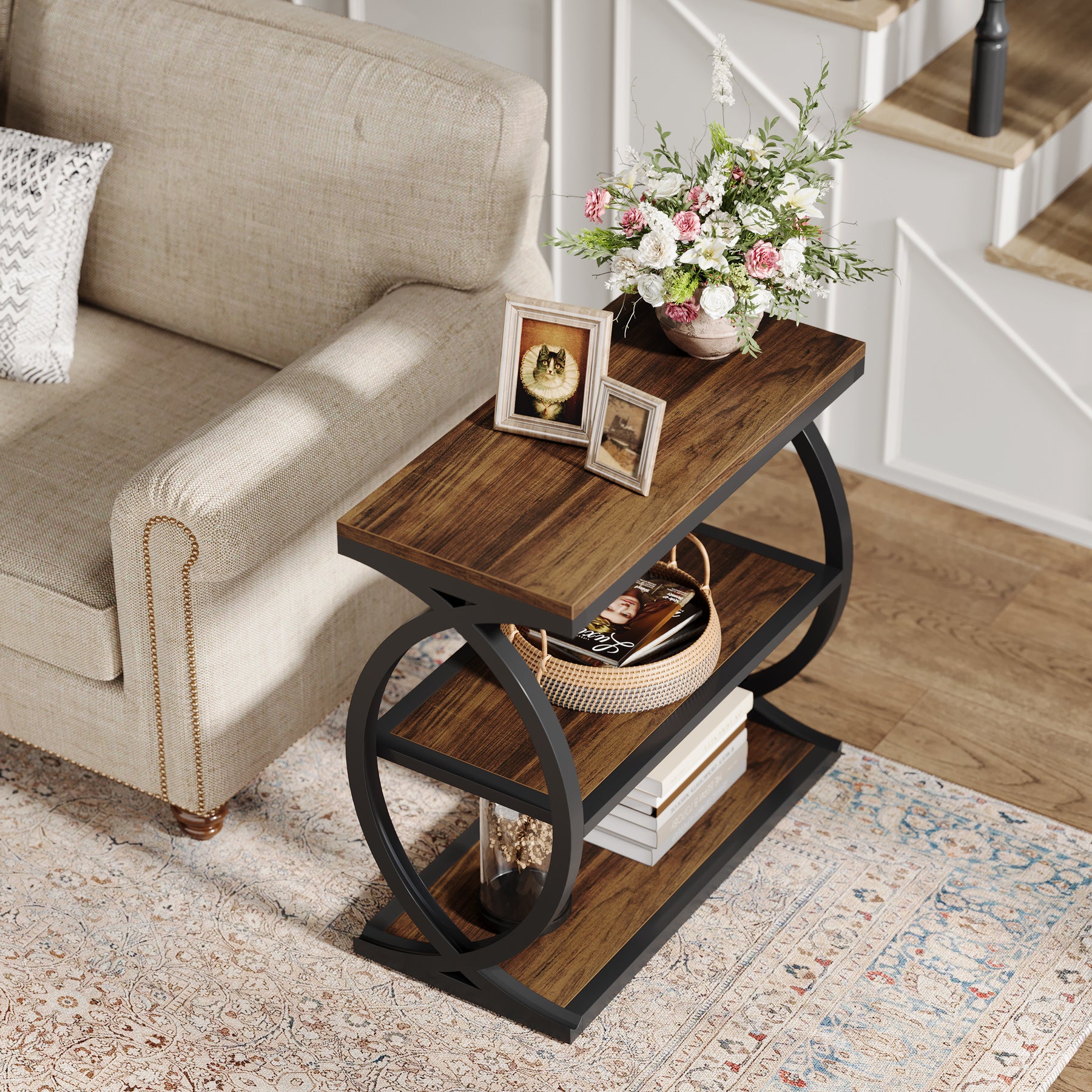 60 cm Smalle Bijzettafel met 3 Niveaus, Industriële Houten Nachtkastje voor Kleine Ruimtes