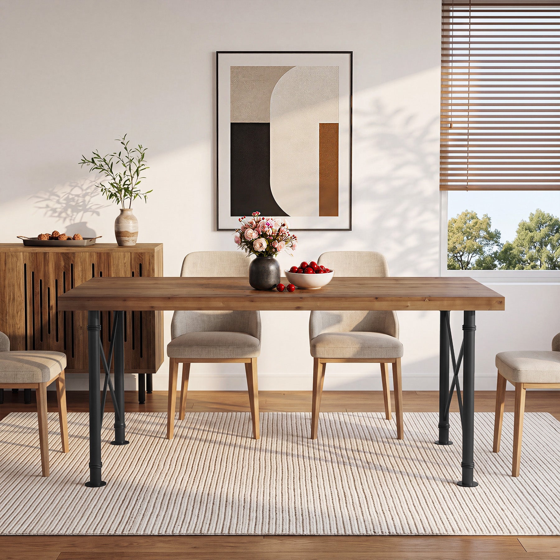 Massief houten eettafel 160 × 80 cm voor 4–6 personen, rechthoekige eettafel met X-vormig metalen frame