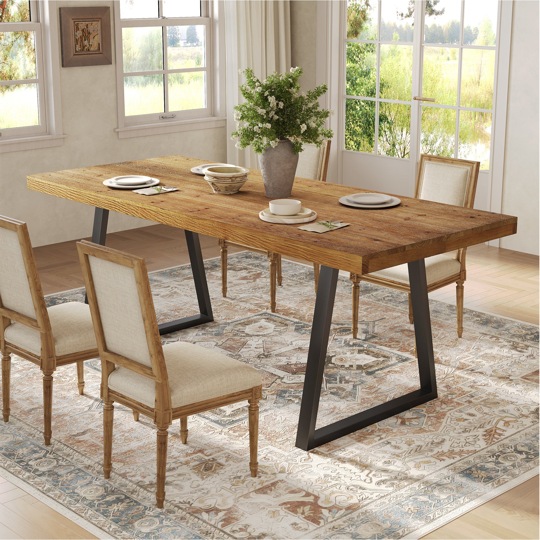 160 cm Industriele Eettafel, Massief Houten Rechthoek met Robuust Metaal Onderstel