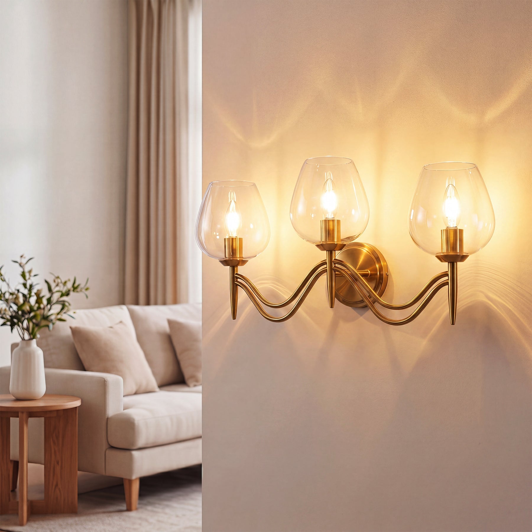 3-lichts badkamerlamp 58 cm van messing, spiegellamp met helder glas, E14-fitting