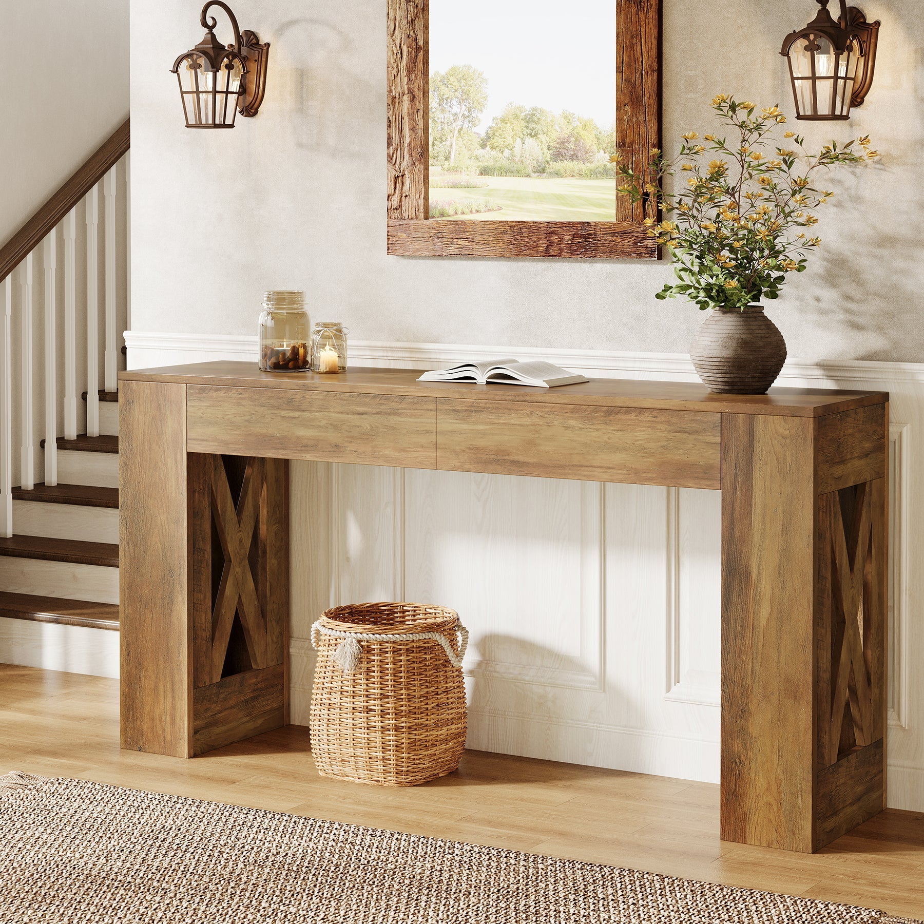160 cm Consoletafel, Smalle Banktafel met 2 Laden en X-vormige Poten