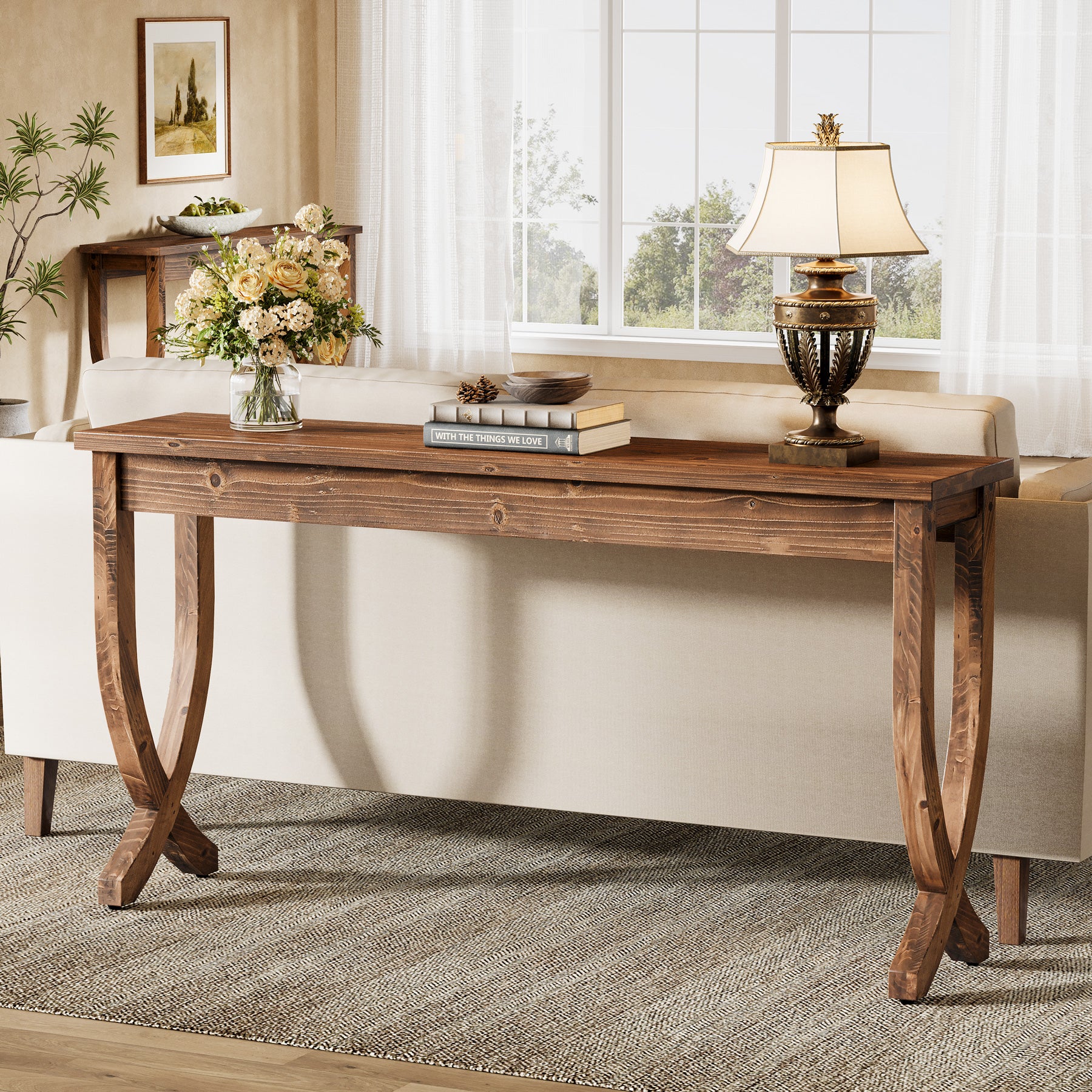 160 cm Massief Houten Consoletafel in Landelijke Stijl, Lange Haltafel voor Woonkamer