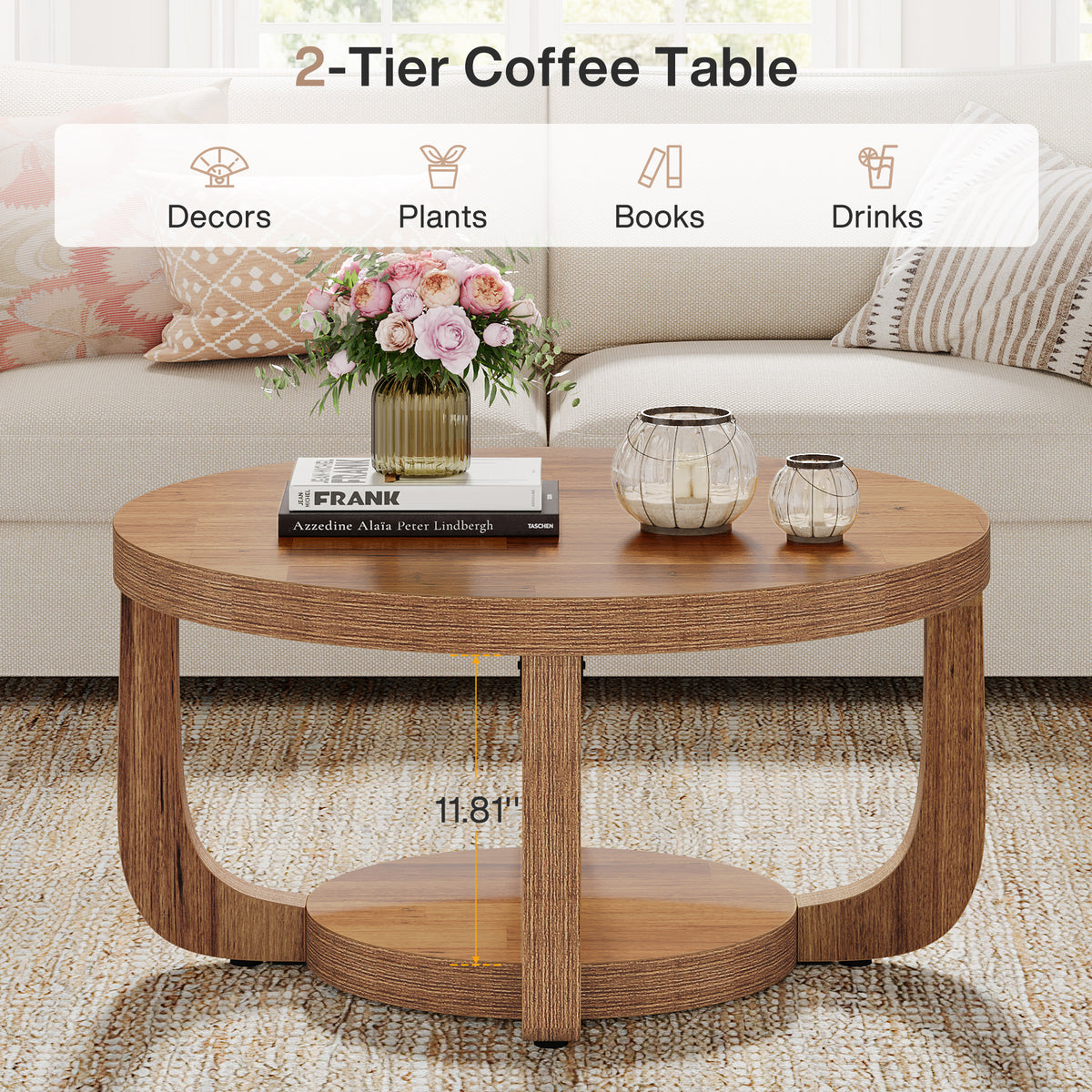 Ronde Salontafel van 80 cm met 2 Lagen en Opbergruimte, Moderne Houten Accenttafel in Rustiek Bruin voor Woonkamer