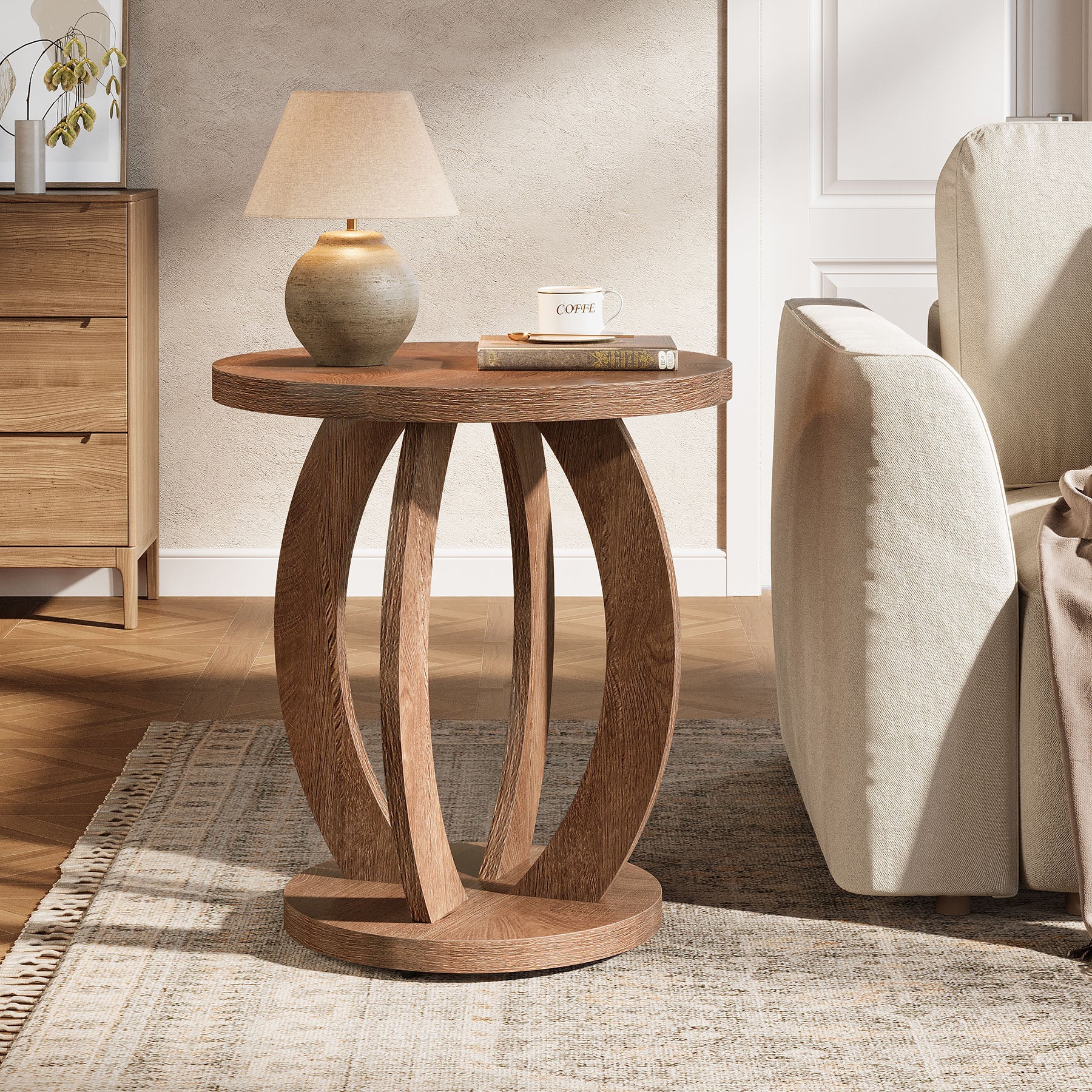 60 cm Compacte ronde bijzettafel met opbergruimte, landelijk tafeltje voor kleine ruimtes