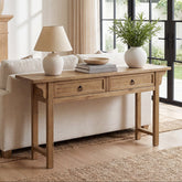 Tribesigns massief houten consoletafel 160 cm met 2 lades, smalle haltafel met opbergruimte 3
