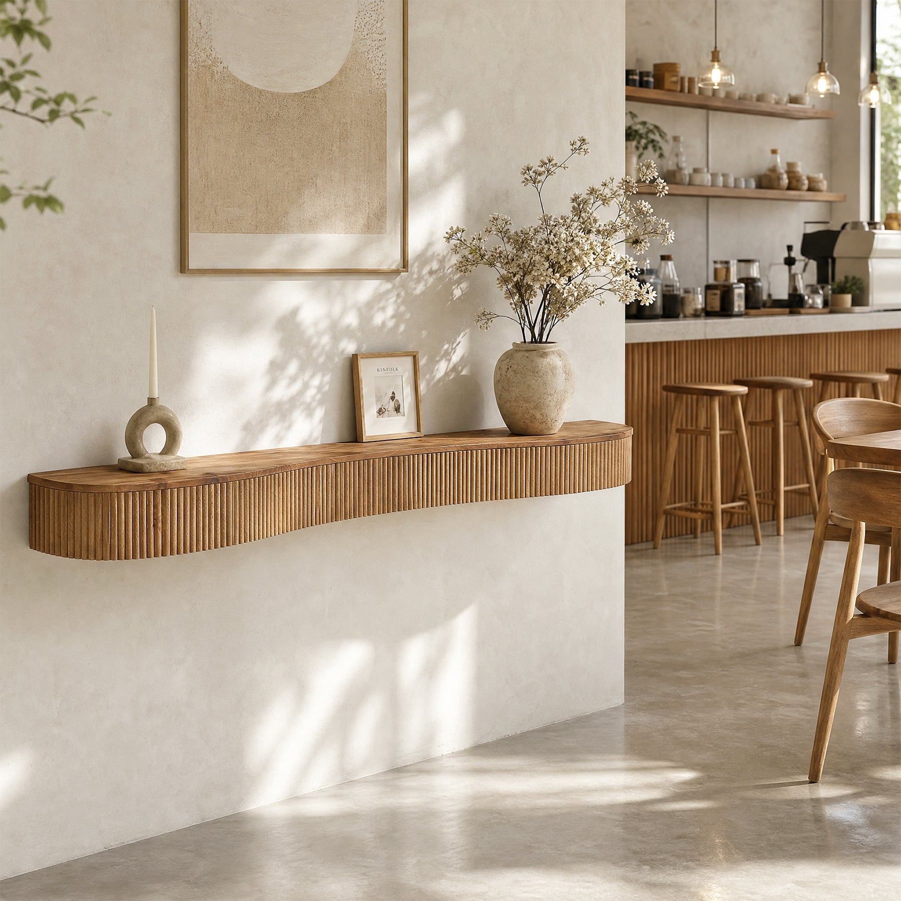 Tribesigns 180 cm Zwevende Wandplank van Massief Hout met Geribbeld Design, Schouwplank voor Woonkamer