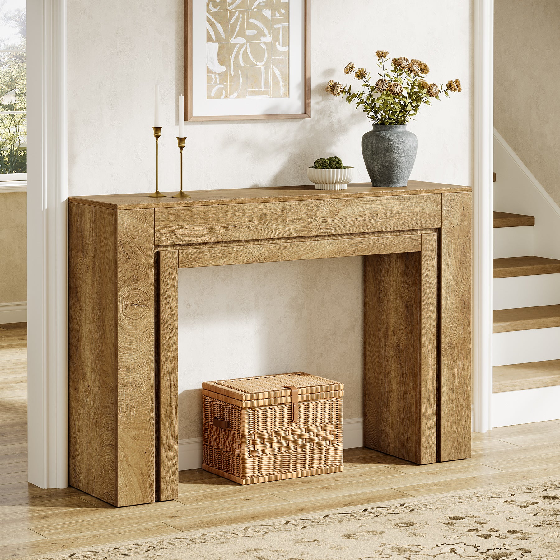 105 cm Landelijke Consoletafel met Dubbele Basis, Smalle Entreetafel voor Hal Woonkamer en Foyer
